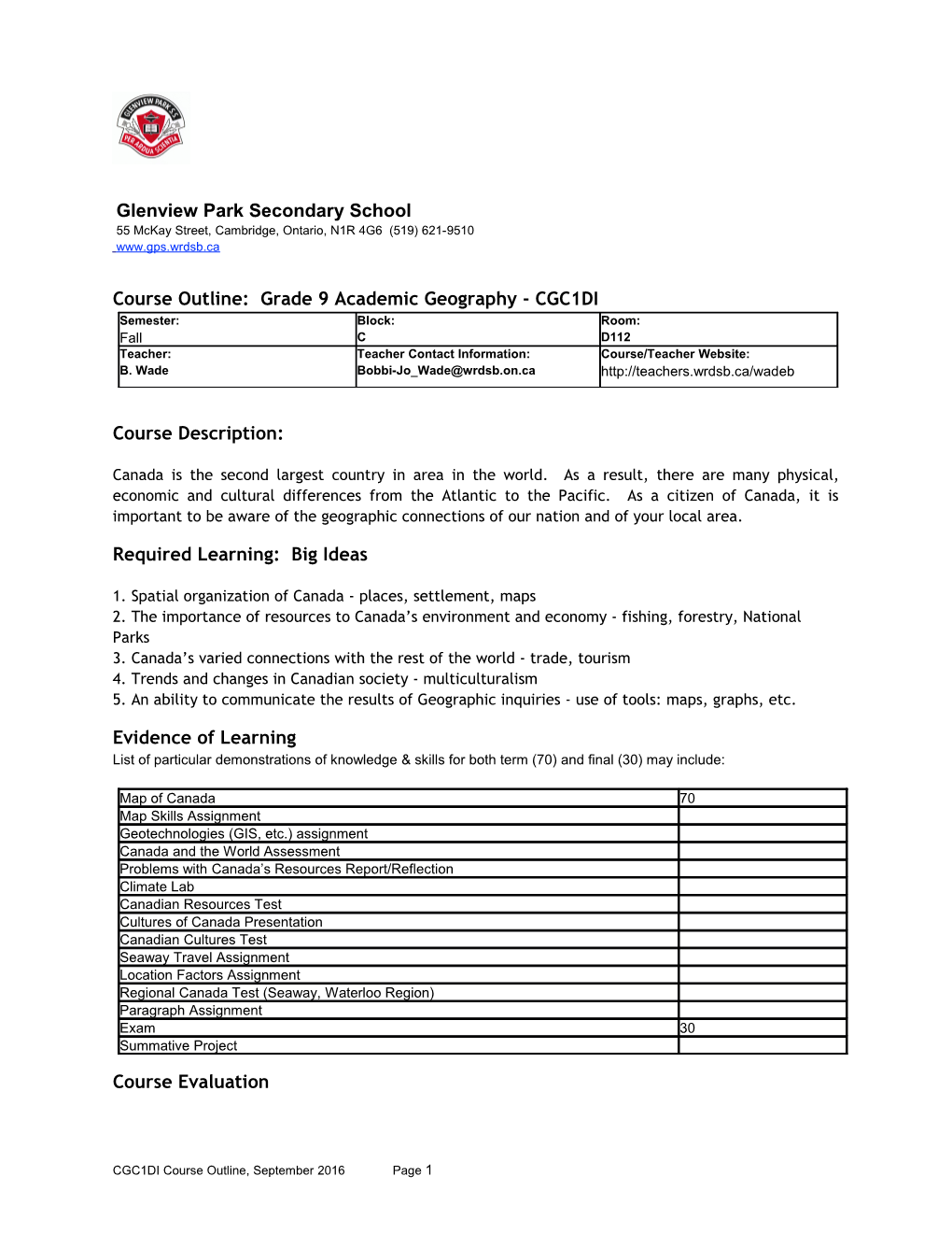 Course Outline: Grade 9 Academic Geography - CGC1DI