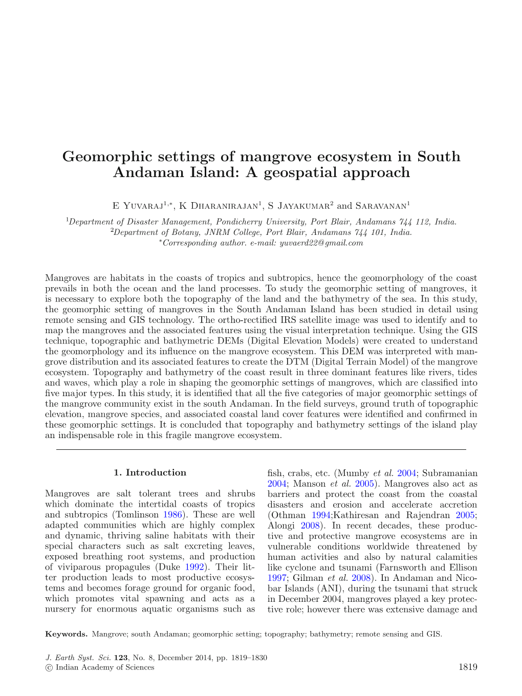 Geomorphic Settings of Mangrove Ecosystem in South Andaman Island: a Geospatial Approach
