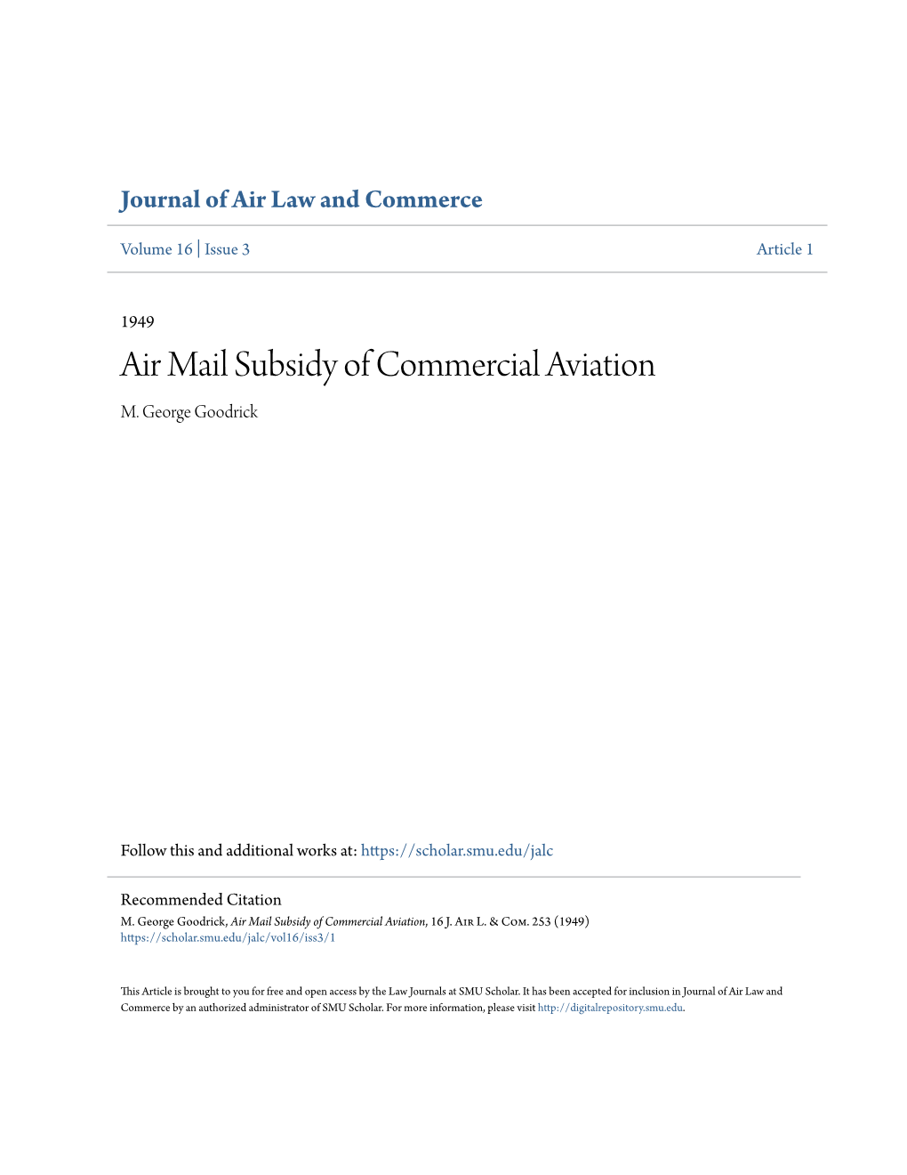 Air Mail Subsidy of Commercial Aviation M