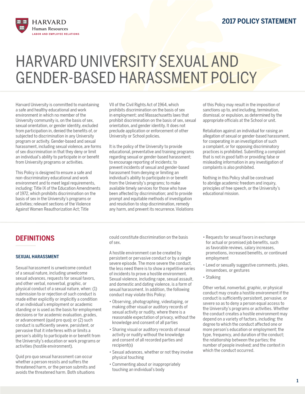 Harvard University Sexual and Gender-Based Harassment Policy