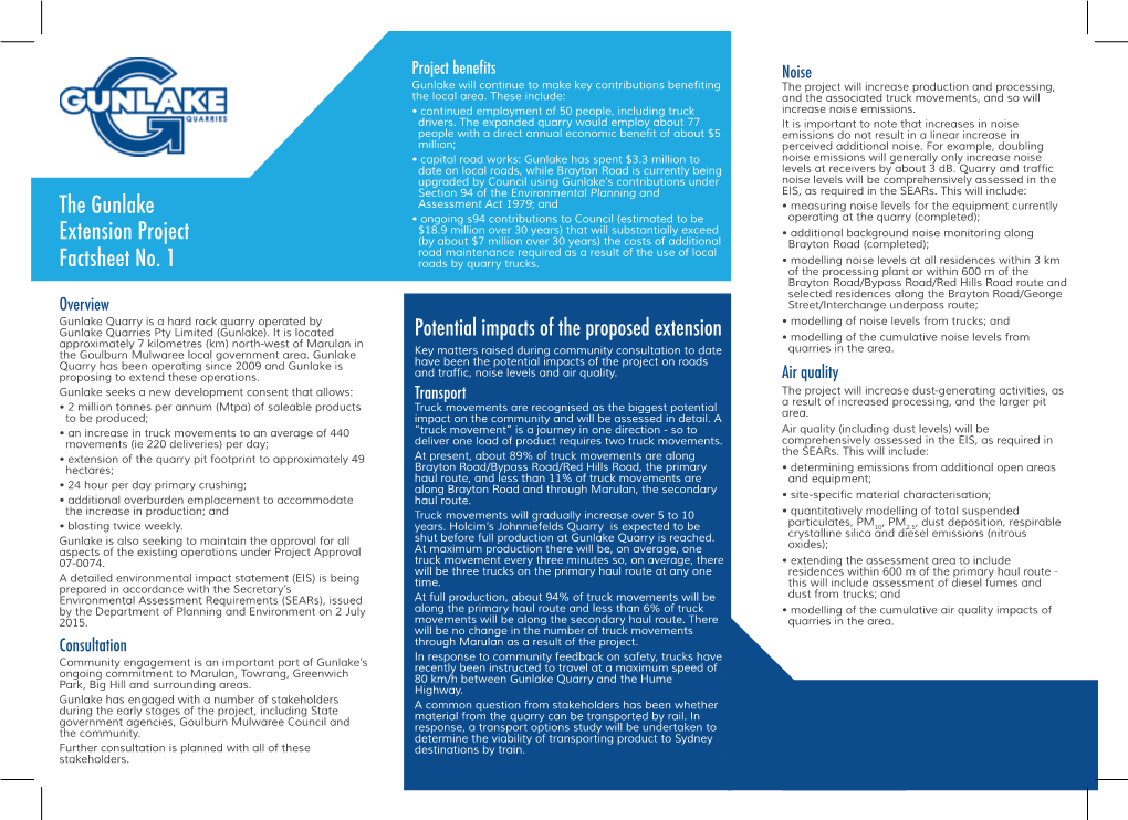 The Gunlake Extension Project Factsheet No. 1