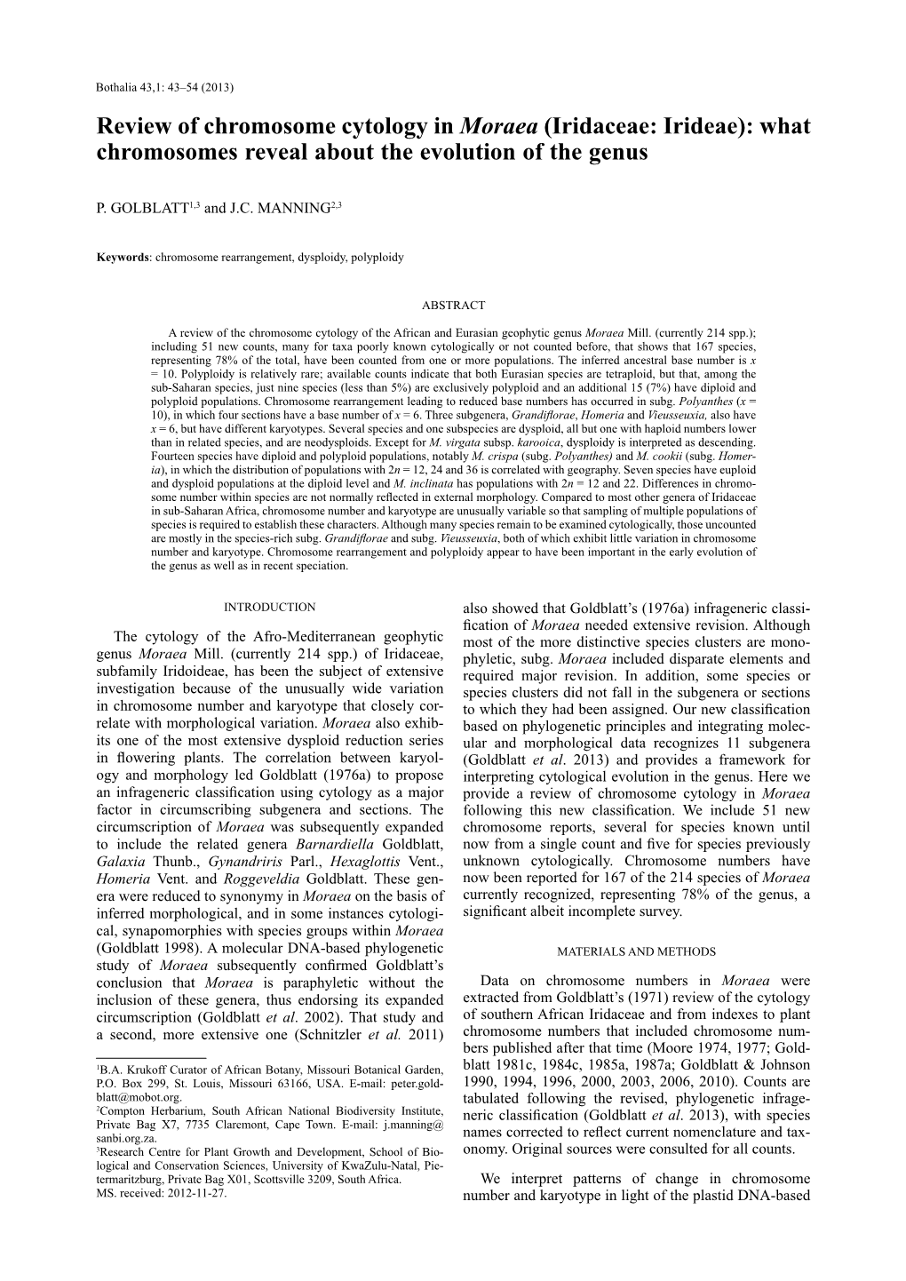 Review of Chromosome Cytology in Moraea (Iridaceae: Irideae): What Chromosomes Reveal About the Evolution of the Genus