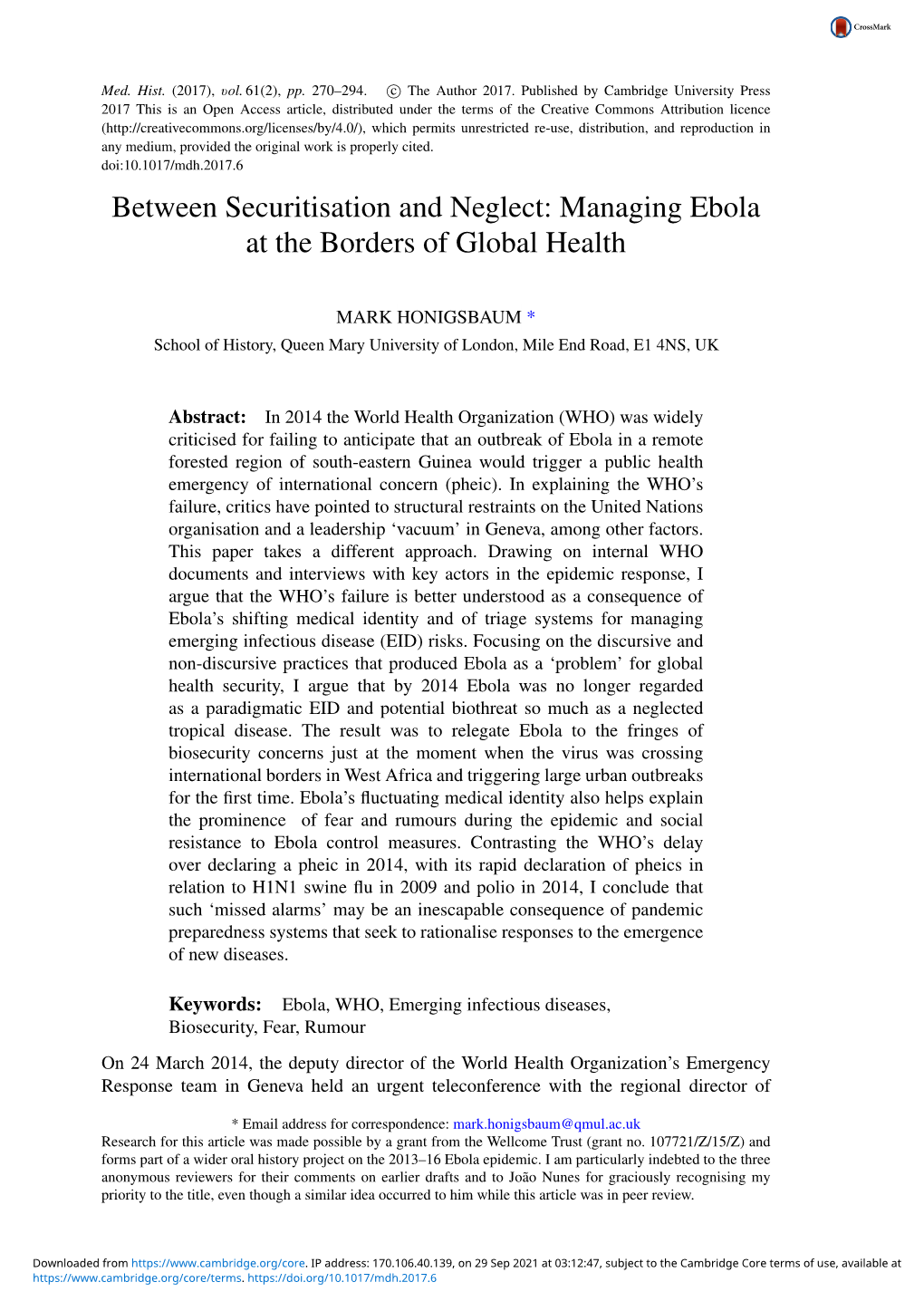 Between Securitisation and Neglect: Managing Ebola at the Borders of Global Health