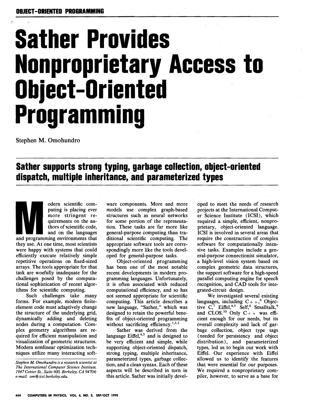 Sather Provides Nonproprietary Access to Object-Oriented Programming