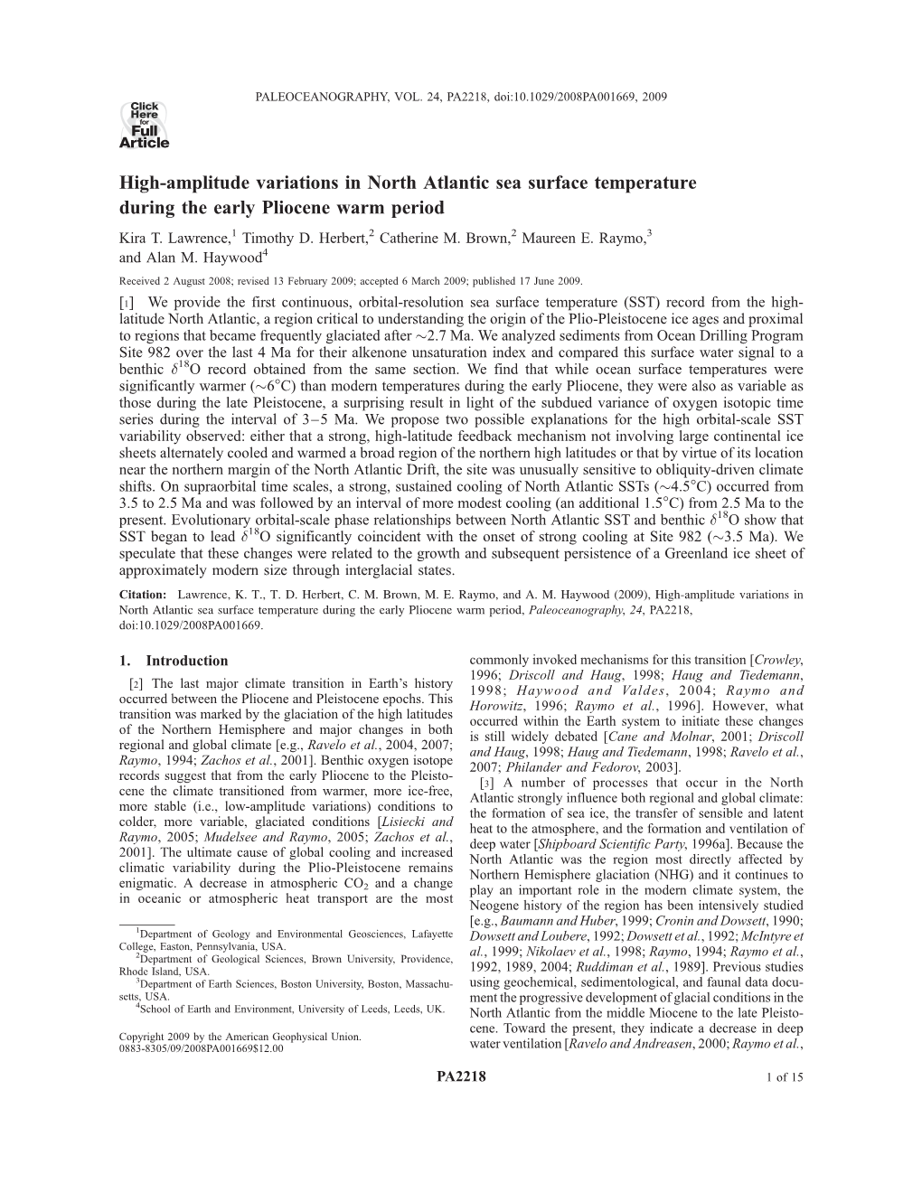 High-Amplitude Variations in North Atlantic Sea Surface Temperature During the Early Pliocene Warm Period Kira T