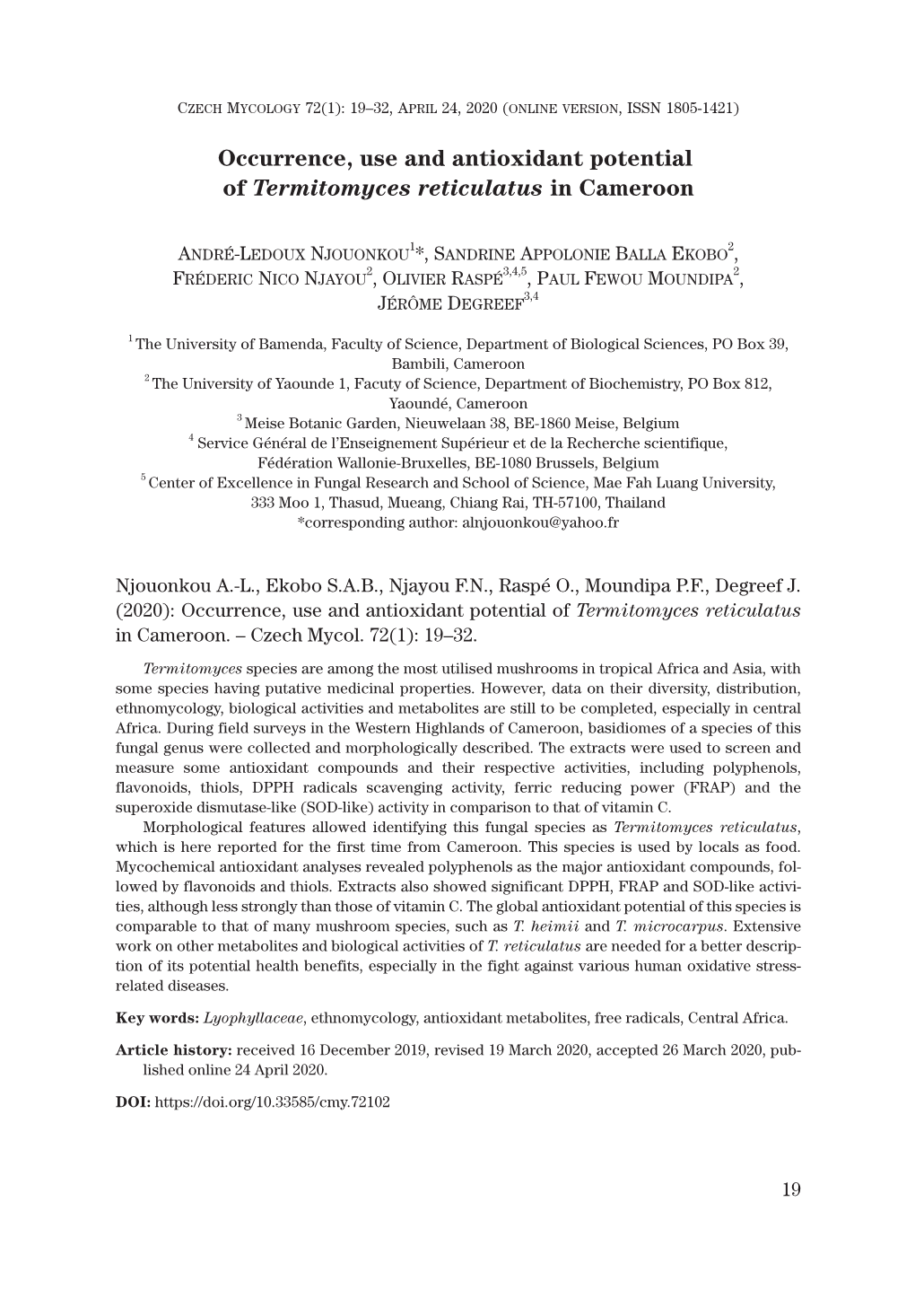 Occurrence, Use and Antioxidant Potential of Termitomyces Reticulatus in Cameroon