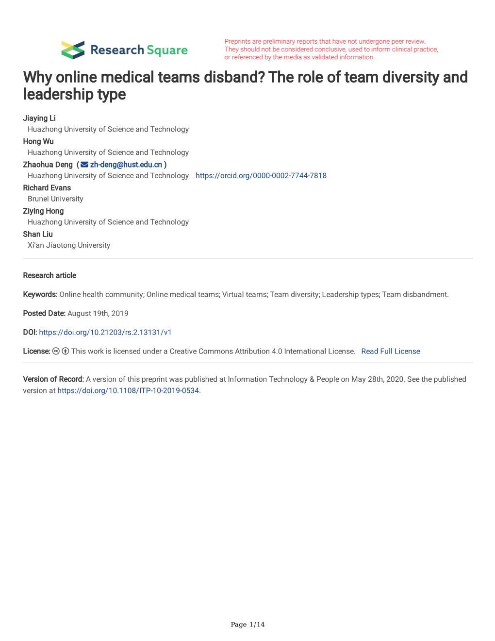 Why Online Medical Teams Disband? the Role of Team Diversity and Leadership Type