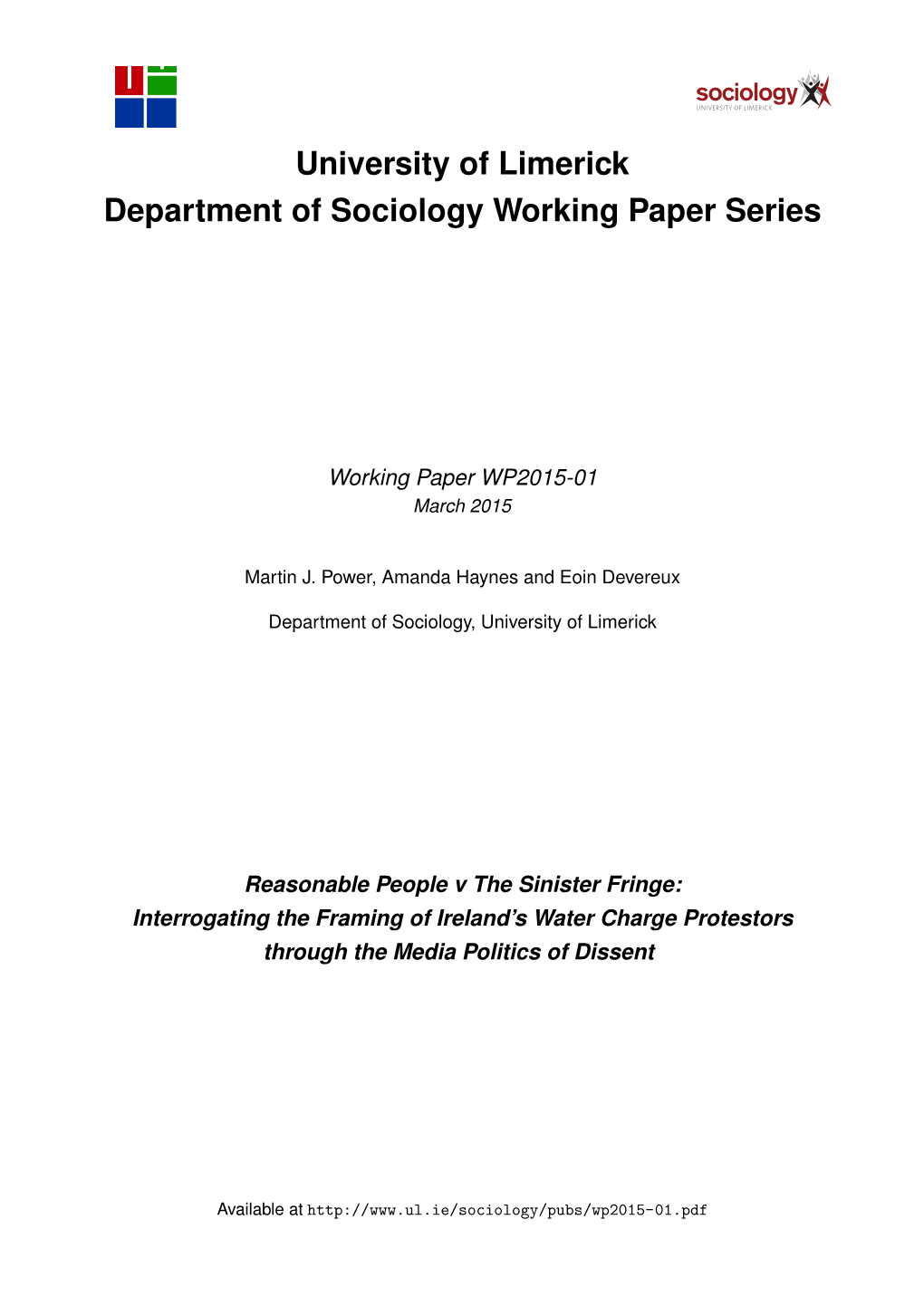 University of Limerick Department of Sociology Working Paper Series Sociology UNIVERSITY of LIMERICK