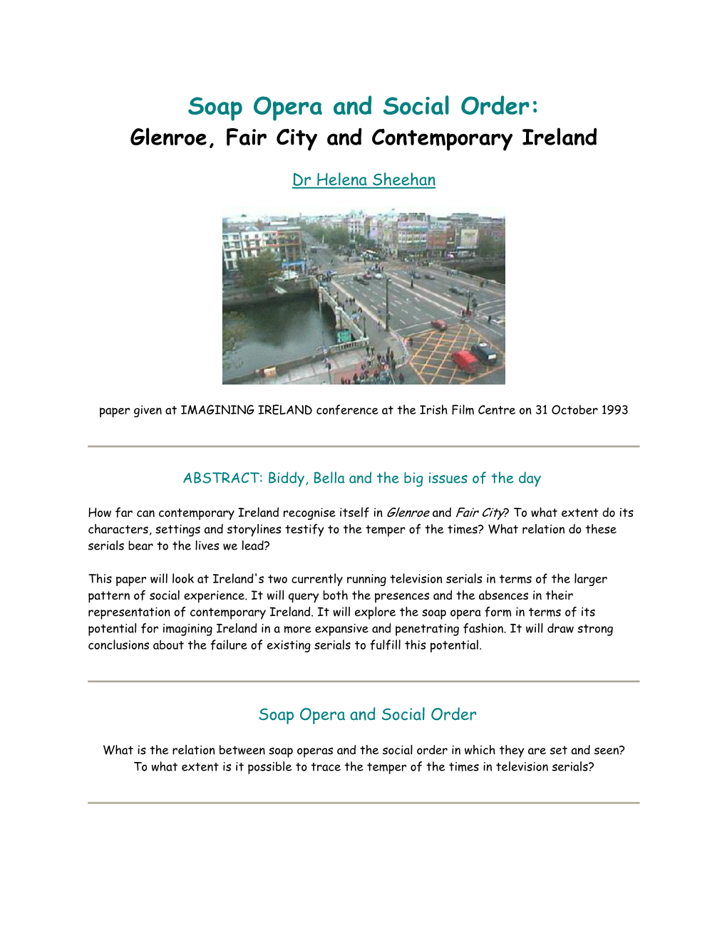 Soap Opera and Social Order: Glenroe, Fair City and Contemporary Ireland