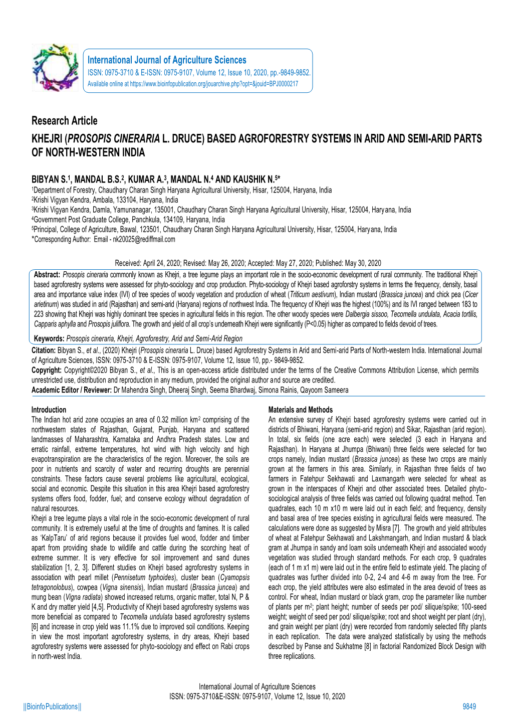 Research Article KHEJRI (PROSOPIS CINERARIA L. DRUCE) BASED AGROFORESTRY SYSTEMS in ARID and SEMI-ARID PARTS of NORTH-WESTERN INDIA