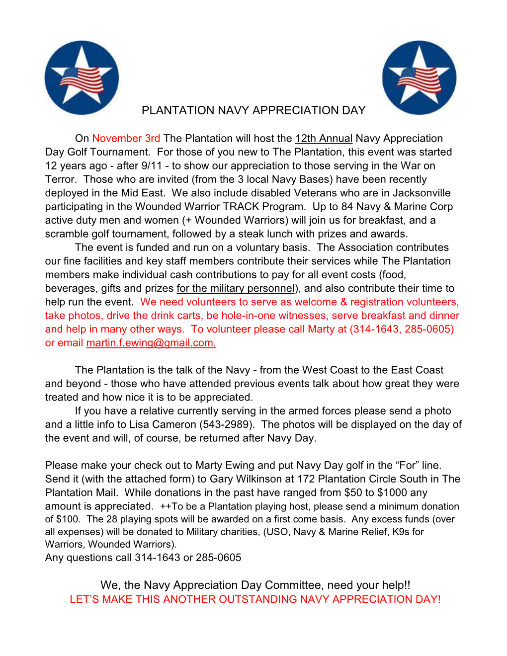 PLANTATION NAVY APPRECIATION DAY We, the Navy Appreciation Day Committee, Need Your Help!!