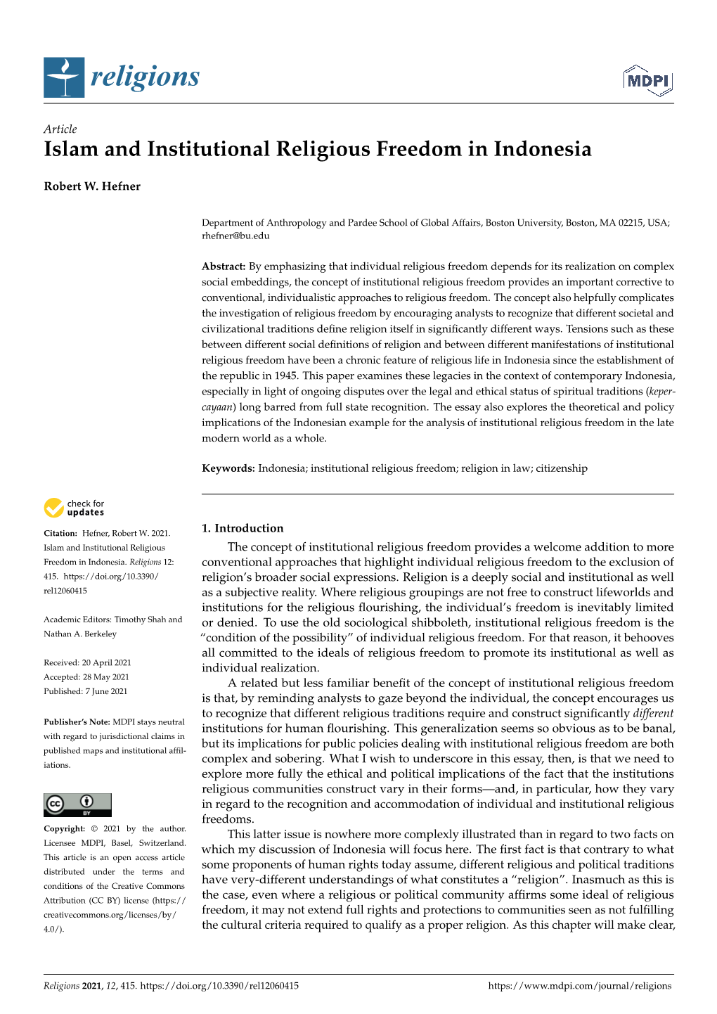 Islam and Institutional Religious Freedom in Indonesia