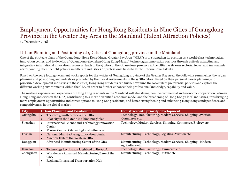 Employment Opportunities for Hong Kong Residents in Nine Cities Of