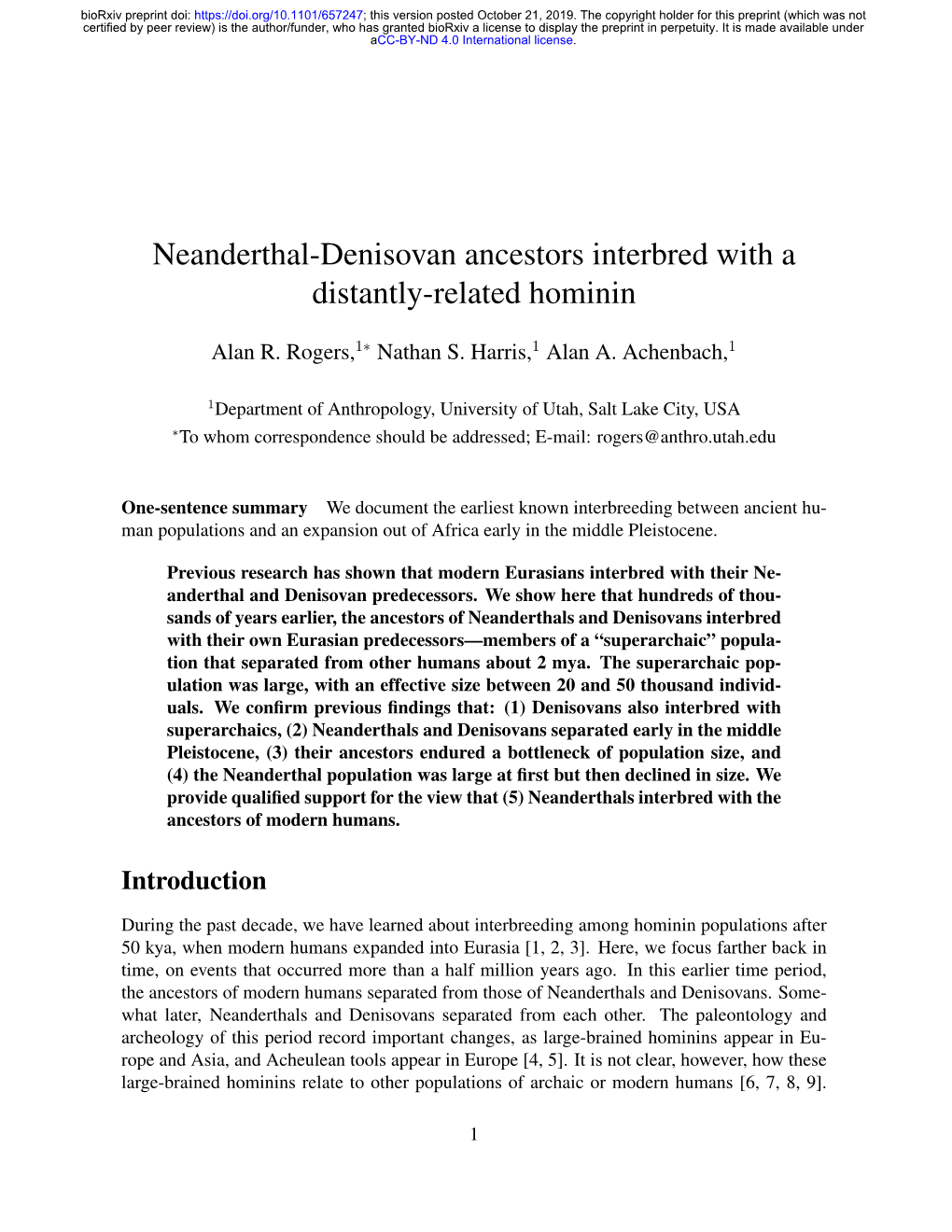 Neanderthal-Denisovan Ancestors Interbred with a Distantly-Related Hominin