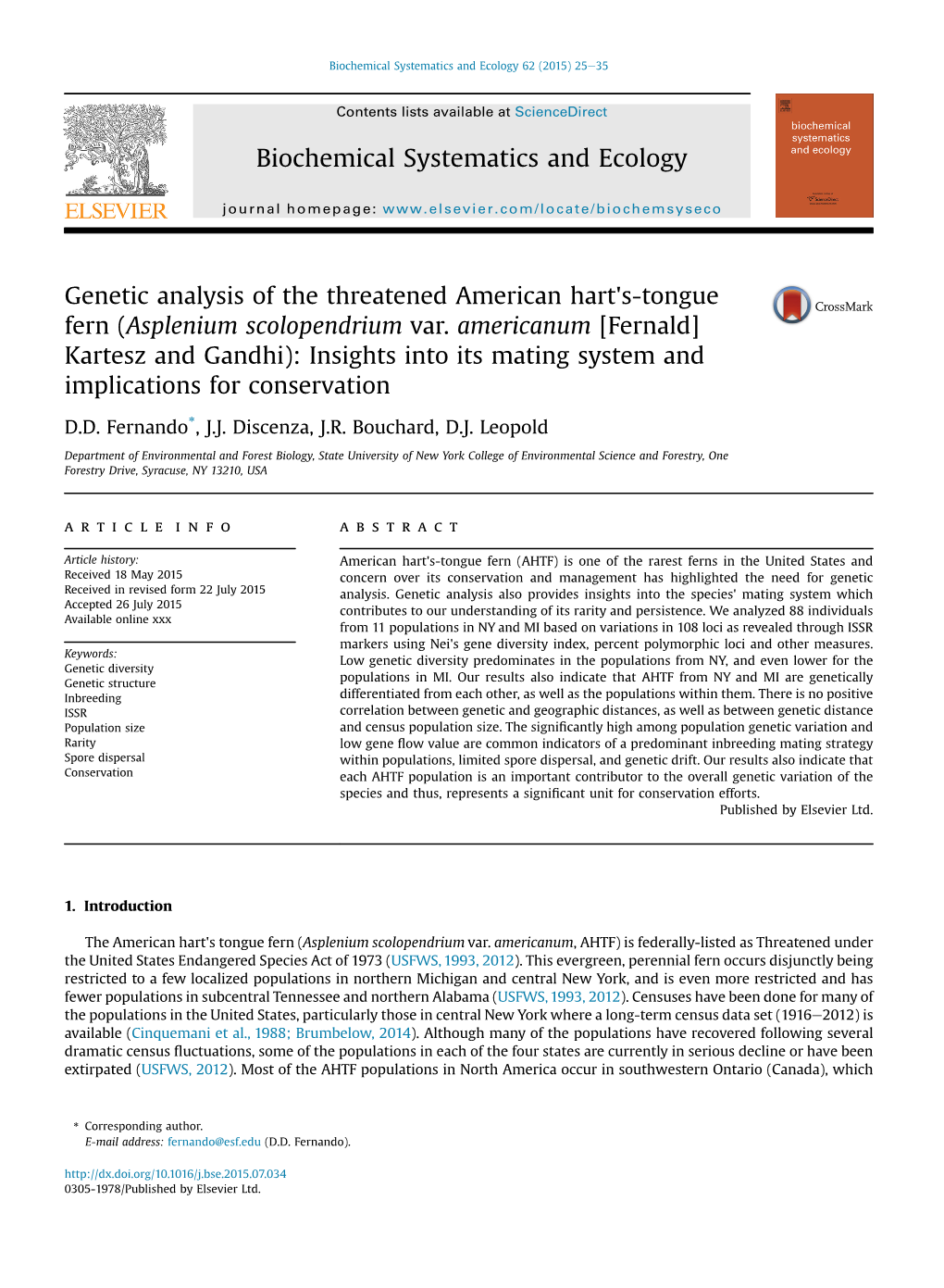 Genetic Analysis of the Threatened American Hart's-Tongue Fern (Asplenium Scolopendrium Var