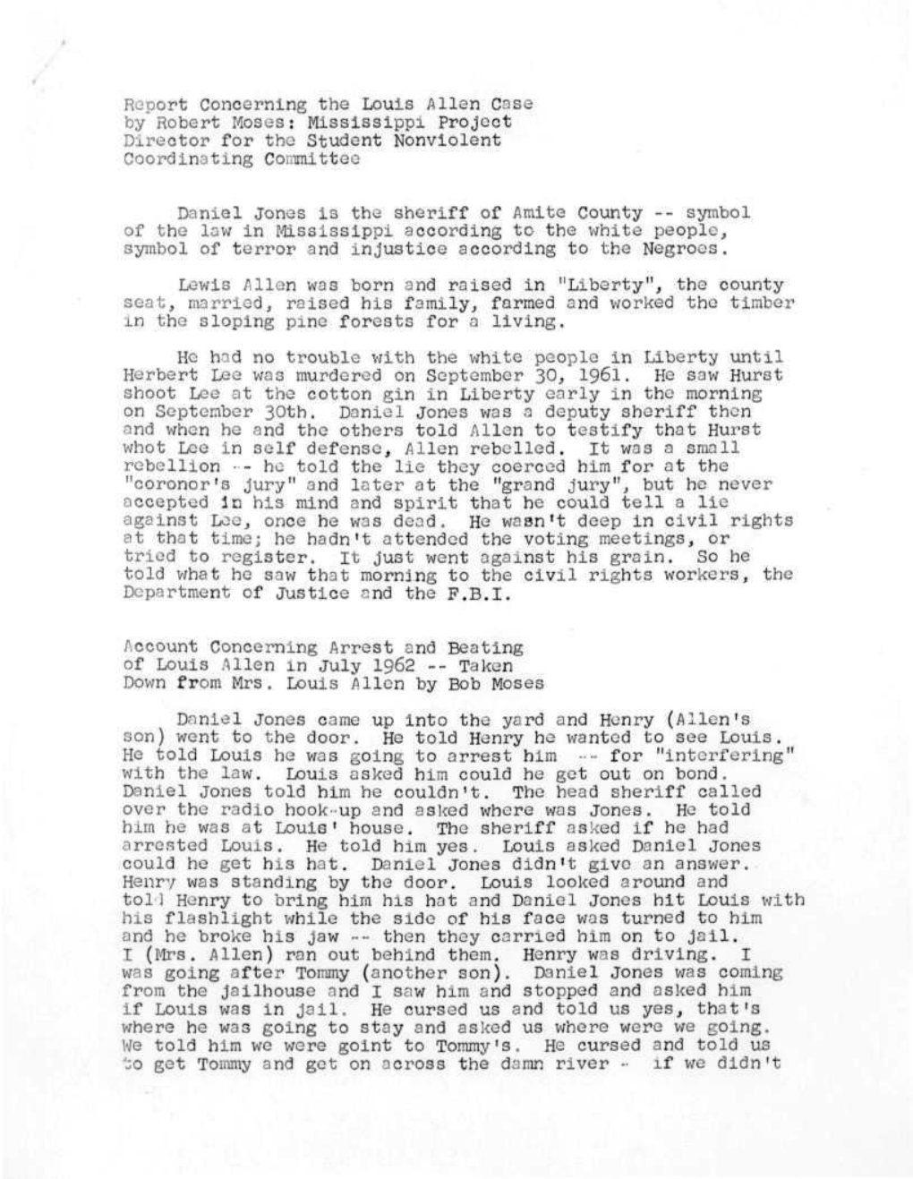 Report Concerning the Louis Allen Case by Robert Moses: Mississippi Project Director for the Student Nonviolent Coordinating Committee