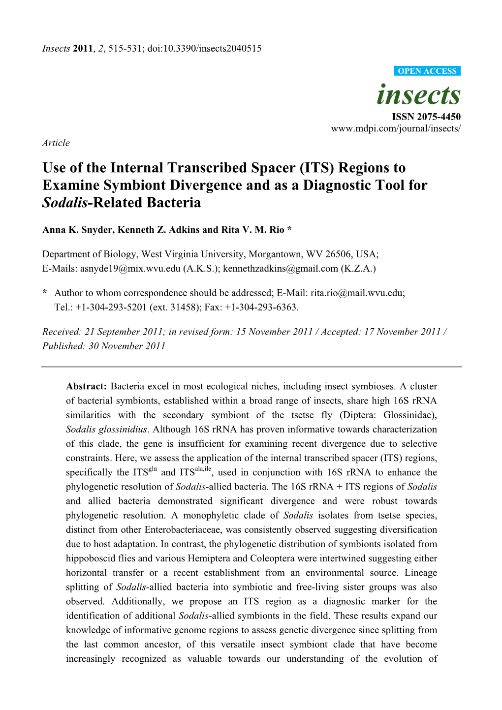 Use of the Internal Transcribed Spacer (ITS) Regions to Examine Symbiont Divergence and As a Diagnostic Tool for Sodalis-Related Bacteria