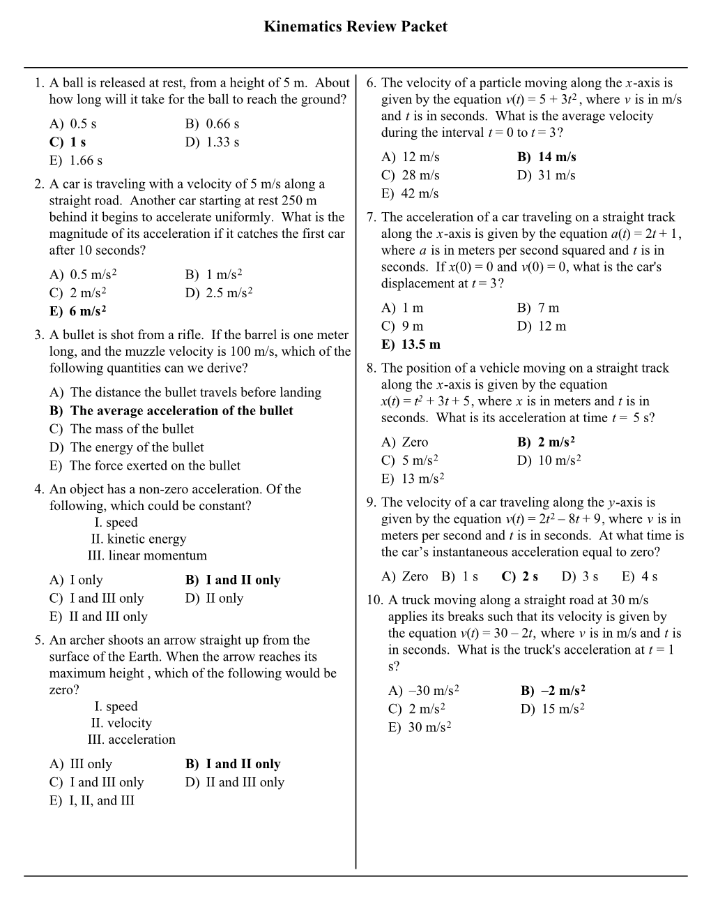 Kinematics Review Packet