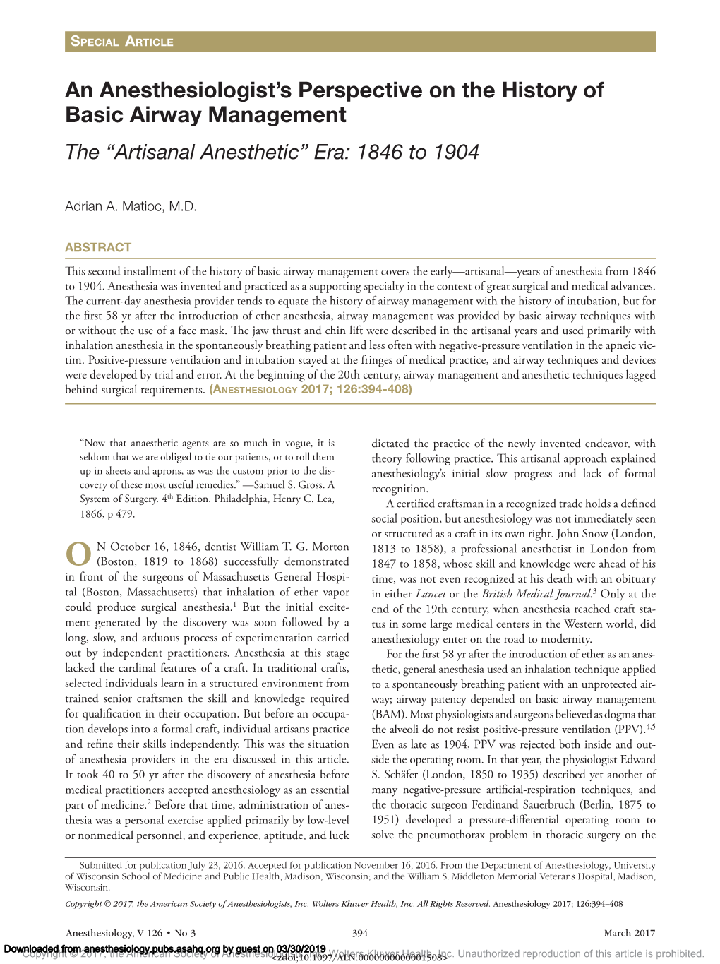 An Anesthesiologist's Perspective on the History of Basic Airway