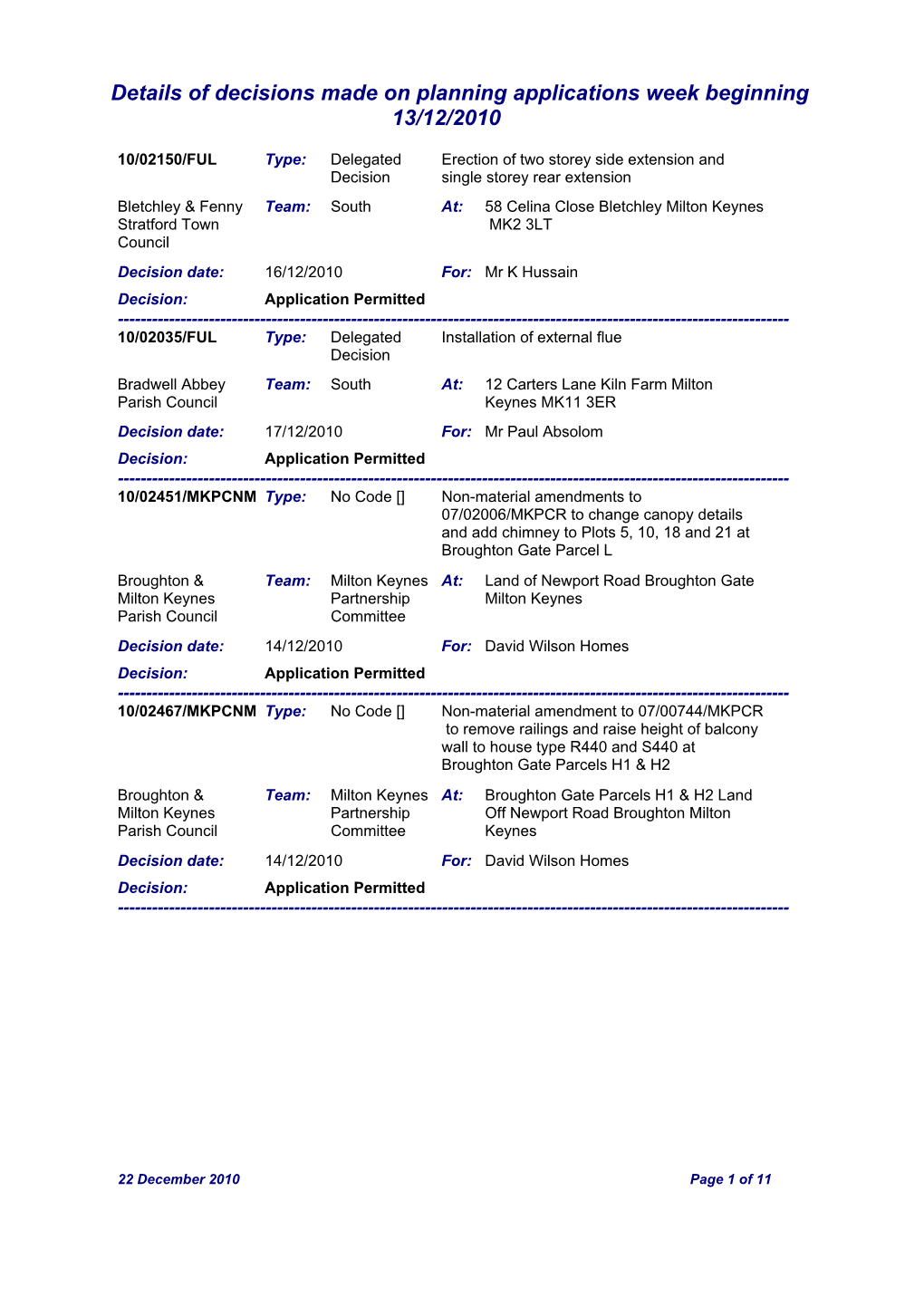 Details of Decisions Made on Planning Applications Week Beginning 13/12/2010