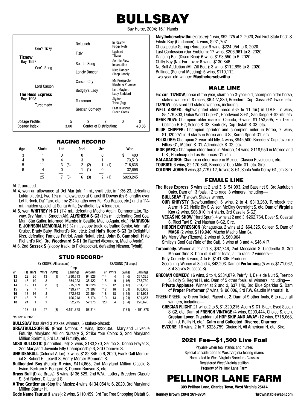 BULLSBAY Bay Horse, 2004; 16.1 Hands Maythehorsebwithu (Forestry): 1 Win, $52,275 at 2, 2020, 2Nd First State Dash S