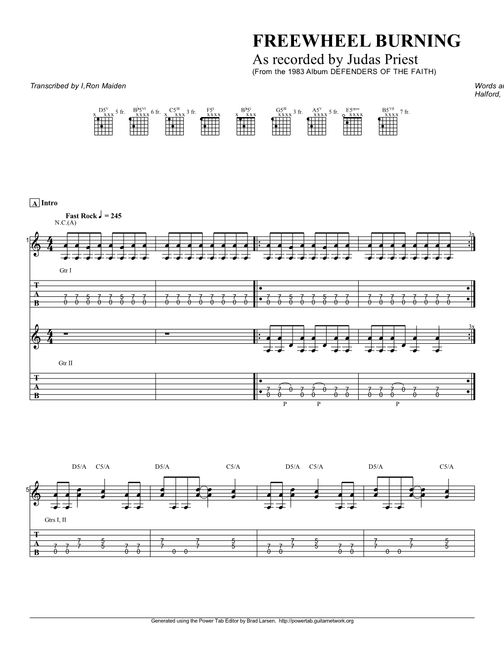 Judas Priest (From the 1983 Album DEFENDERS of the FAITH) Transcribed by I,Ron Maiden Words and Music by Glenn Tipton, Rob Halford, KK Downing