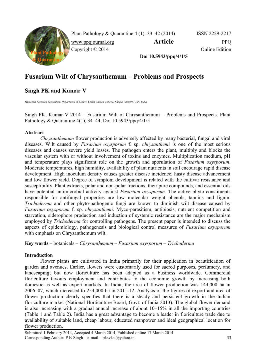 Fusarium Wilt of Chrysanthemum – Problems and Prospects Article