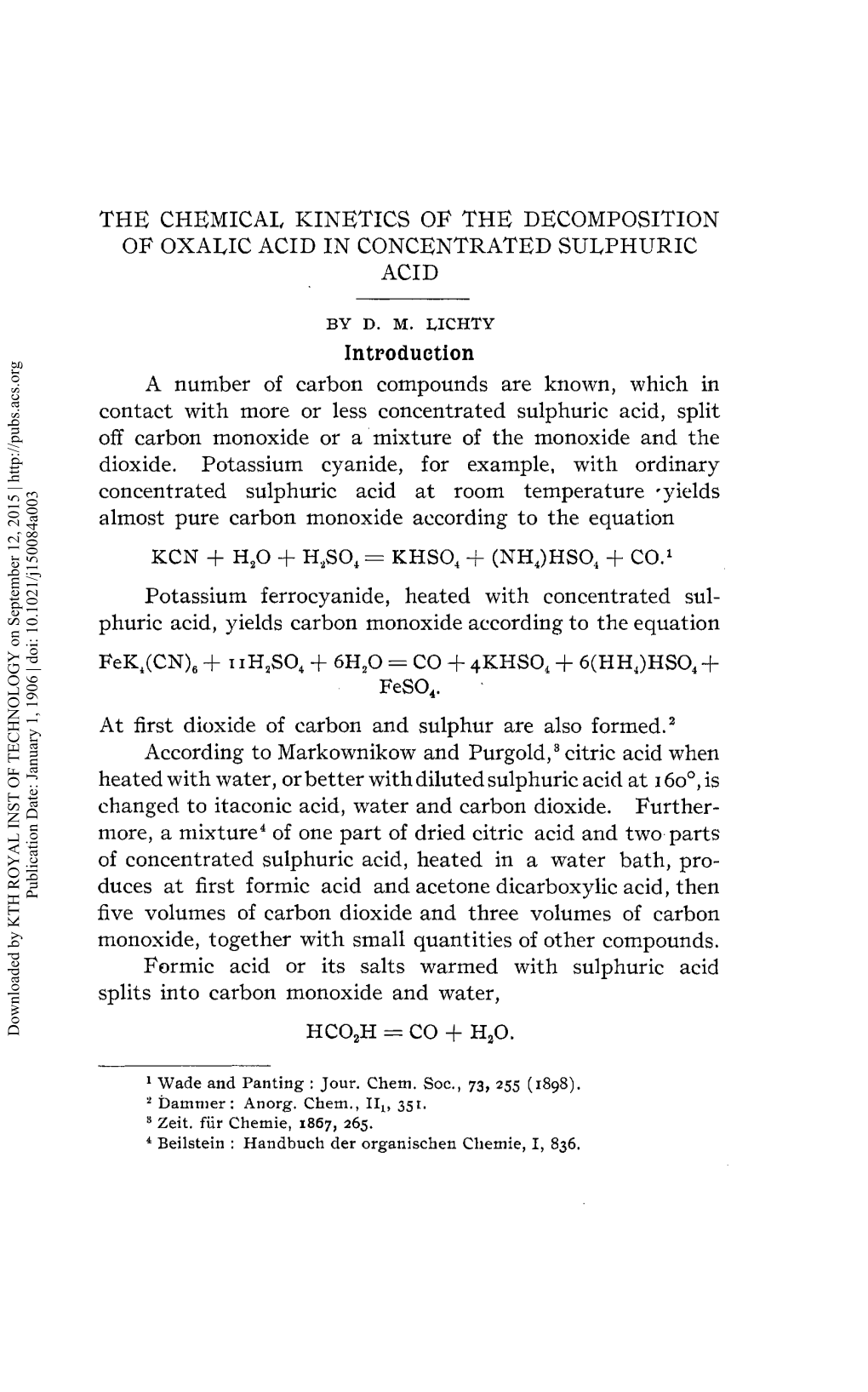 Of Oxalic Acid in Concentrated Sulphuric Acid