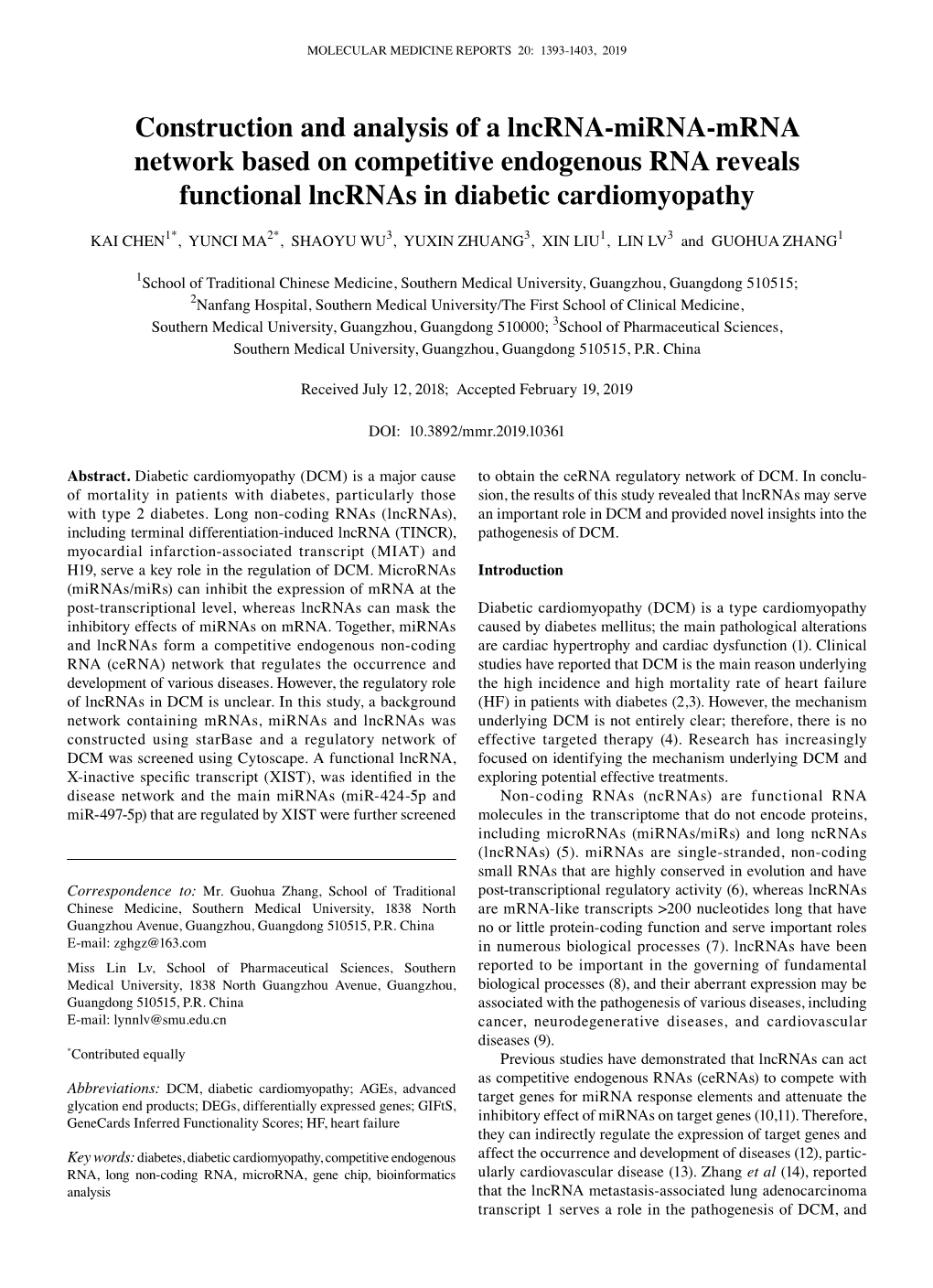 Construction and Analysis of a Lncrna‑Mirna‑Mrna Network Based on Competitive Endogenous RNA Reveals Functional Lncrnas in Diabetic Cardiomyopathy