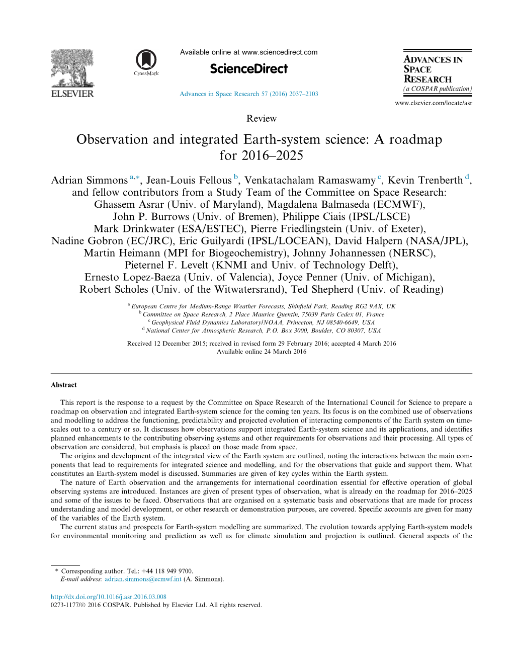 Observation and Integrated Earth-System Science: a Roadmap for 2016–2025