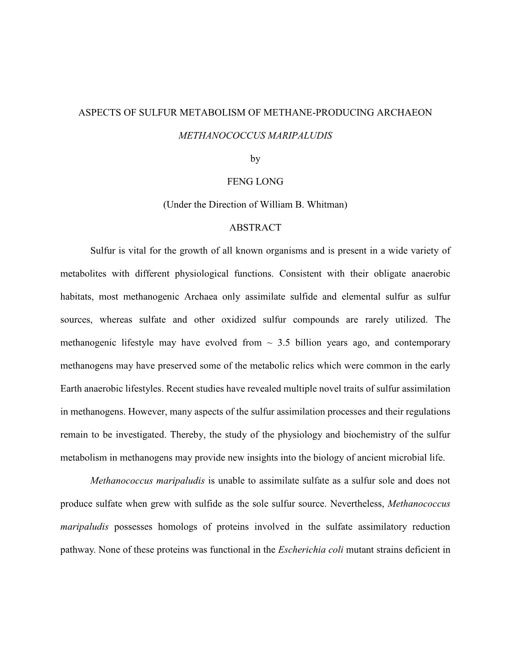 Aspects of Sulfur Metabolism of Methane-Producing Archaeon