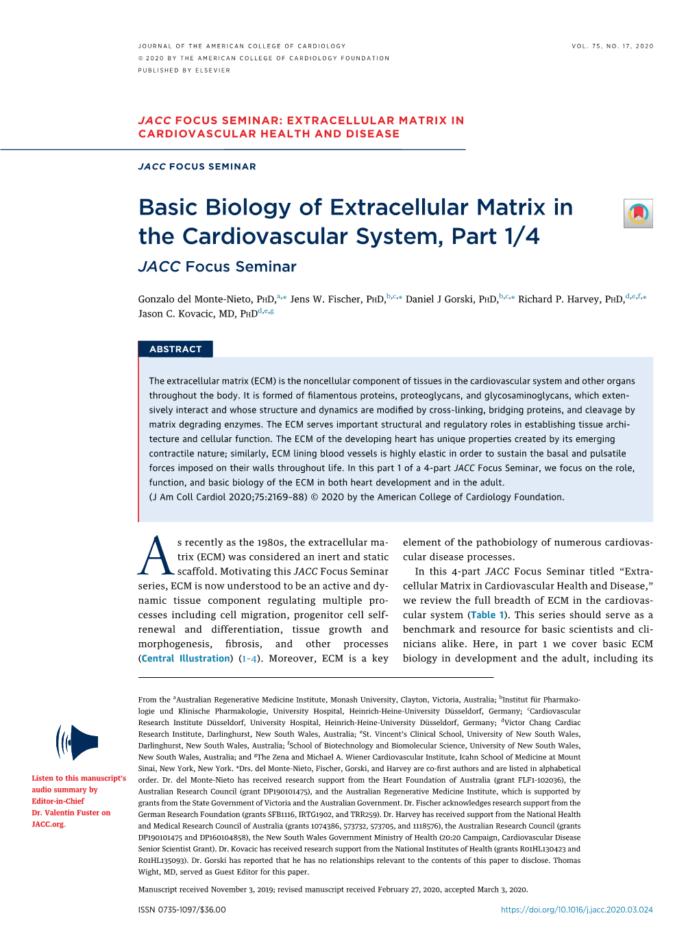 Basic Biology of Extracellular Matrix in the Cardiovascular System, Part 1/4 JACC Focus Seminar