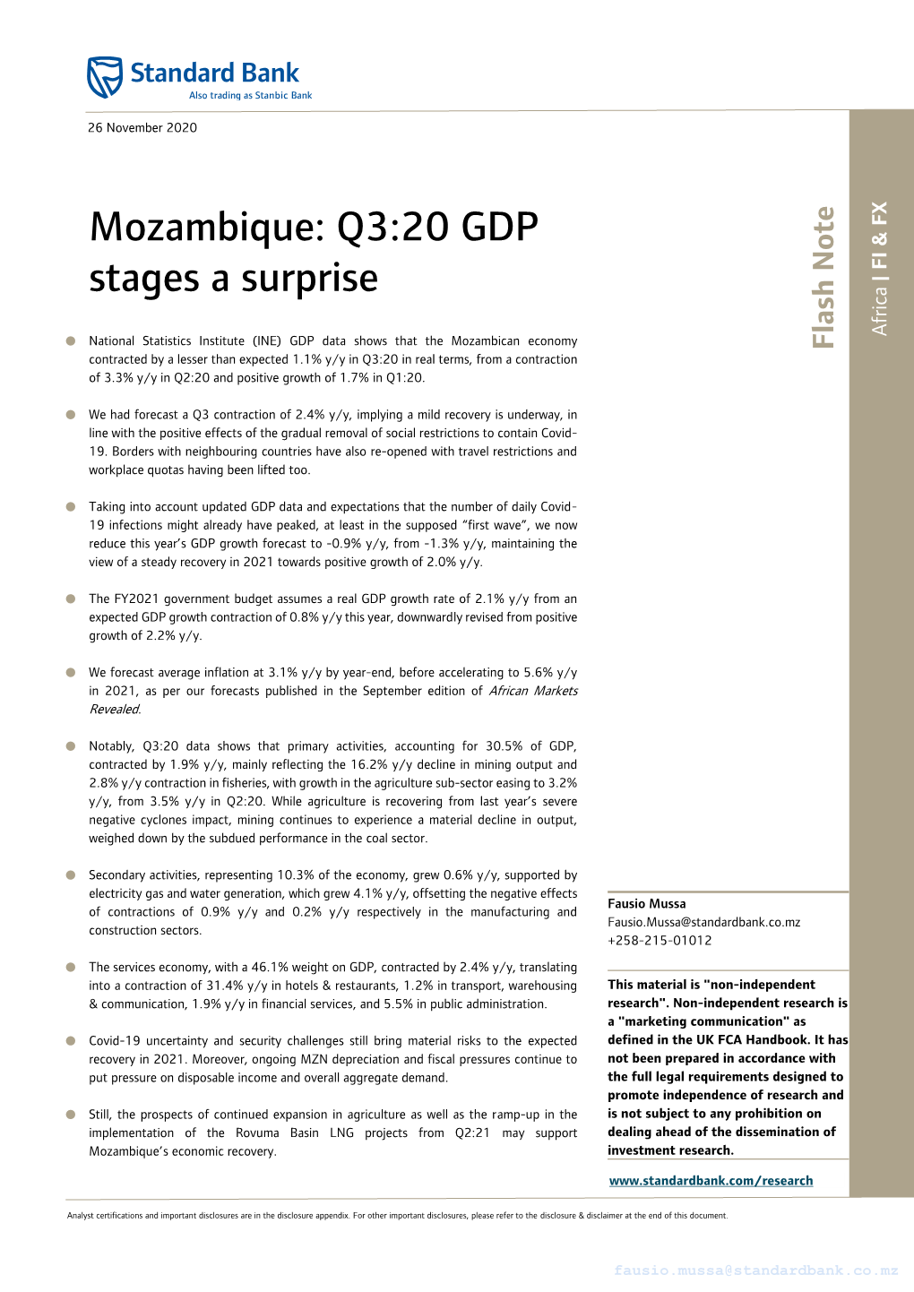Mozambique: Q3:20 GDP Stages a Surprise