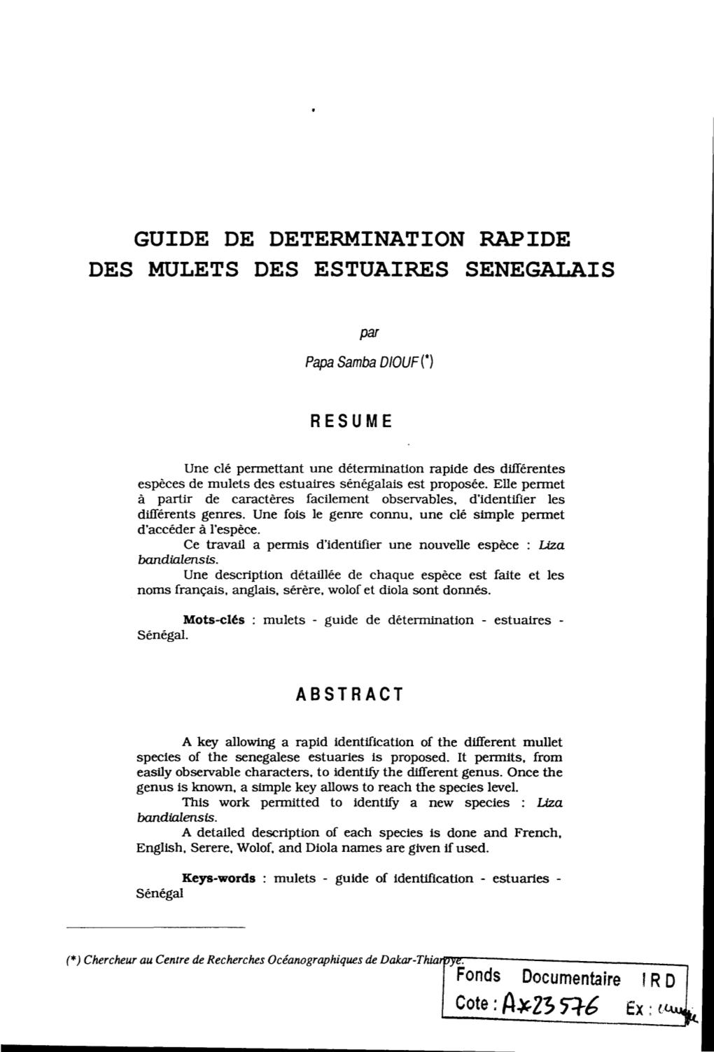 Guide De Détermination Rapide Des Mulets Des Estuaires Sénégalais