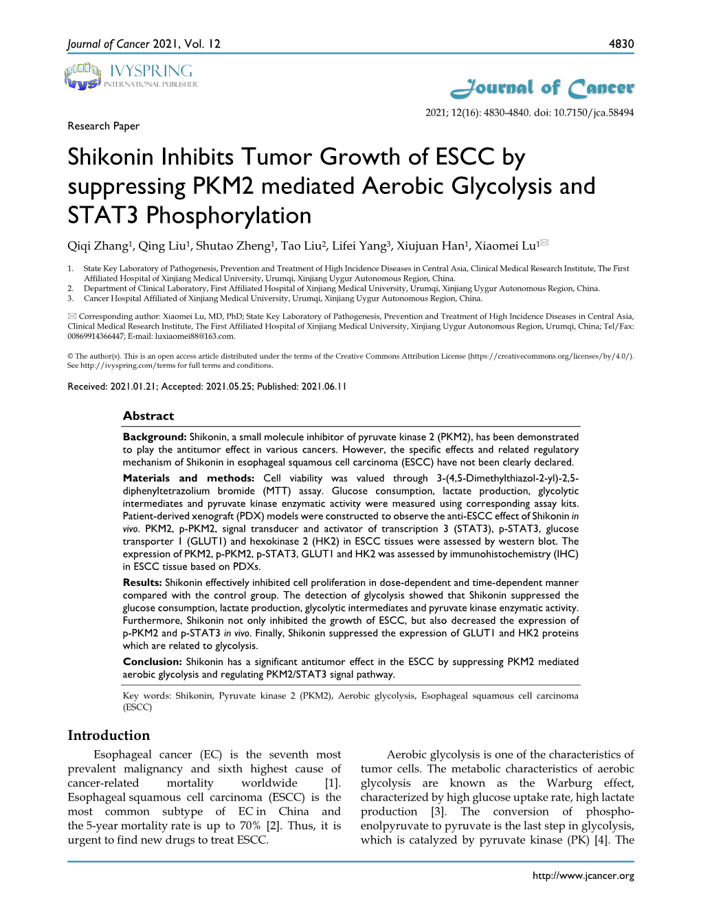 Shikonin Inhibits Tumor Growth of ESCC by Suppressing PKM2