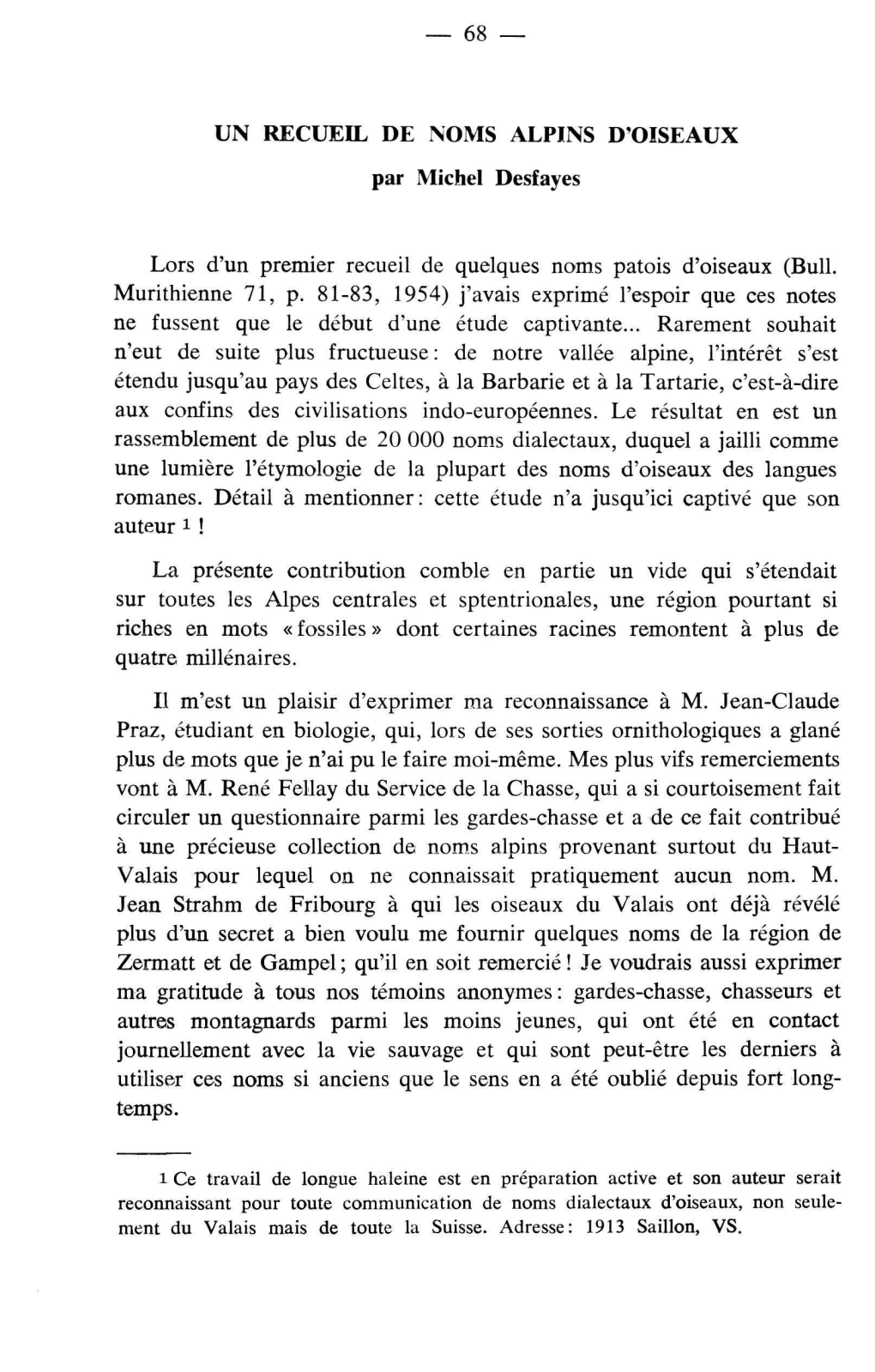 UN RECUEIL DE NOMS ALPINS D'oiseaux Par Michel Desfayes