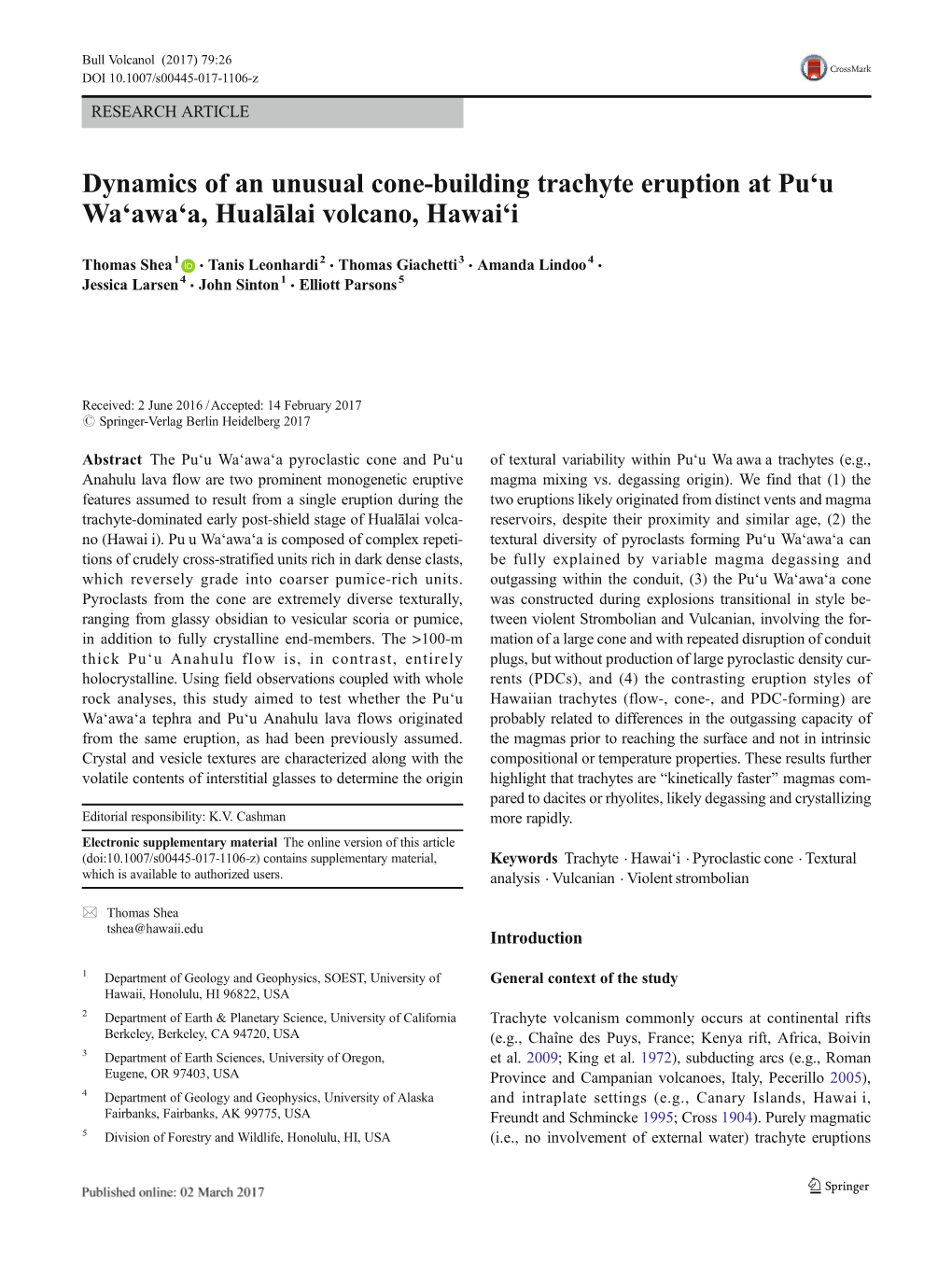 Dynamics of an Unusual Cone-Building Trachyte Eruption at Pu'u Wa'awa'a, Hualālai Volcano, Hawai'i