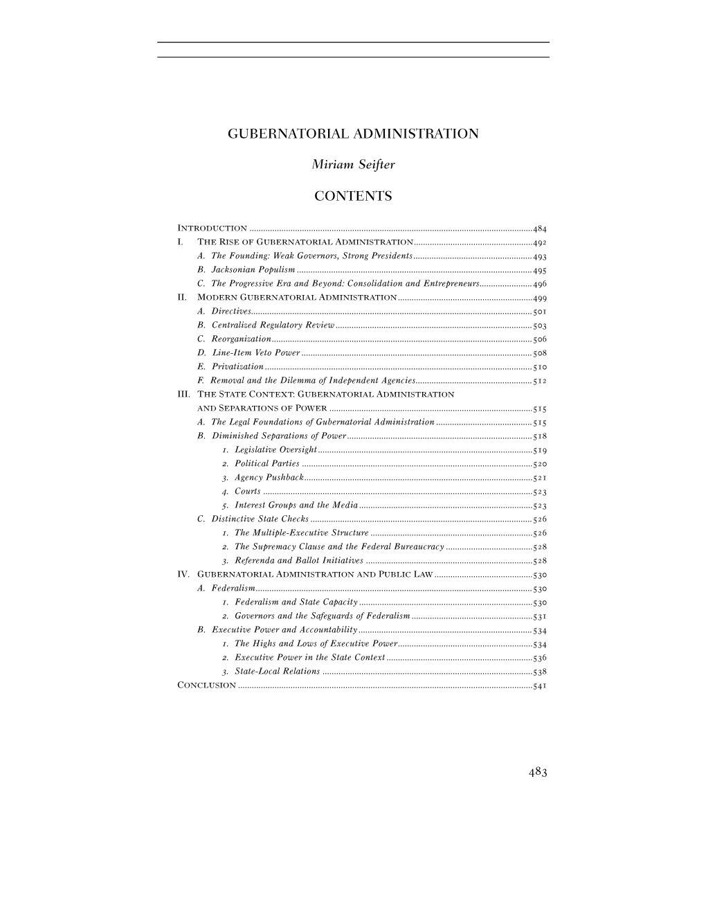 Gubernatorial Administration Contents