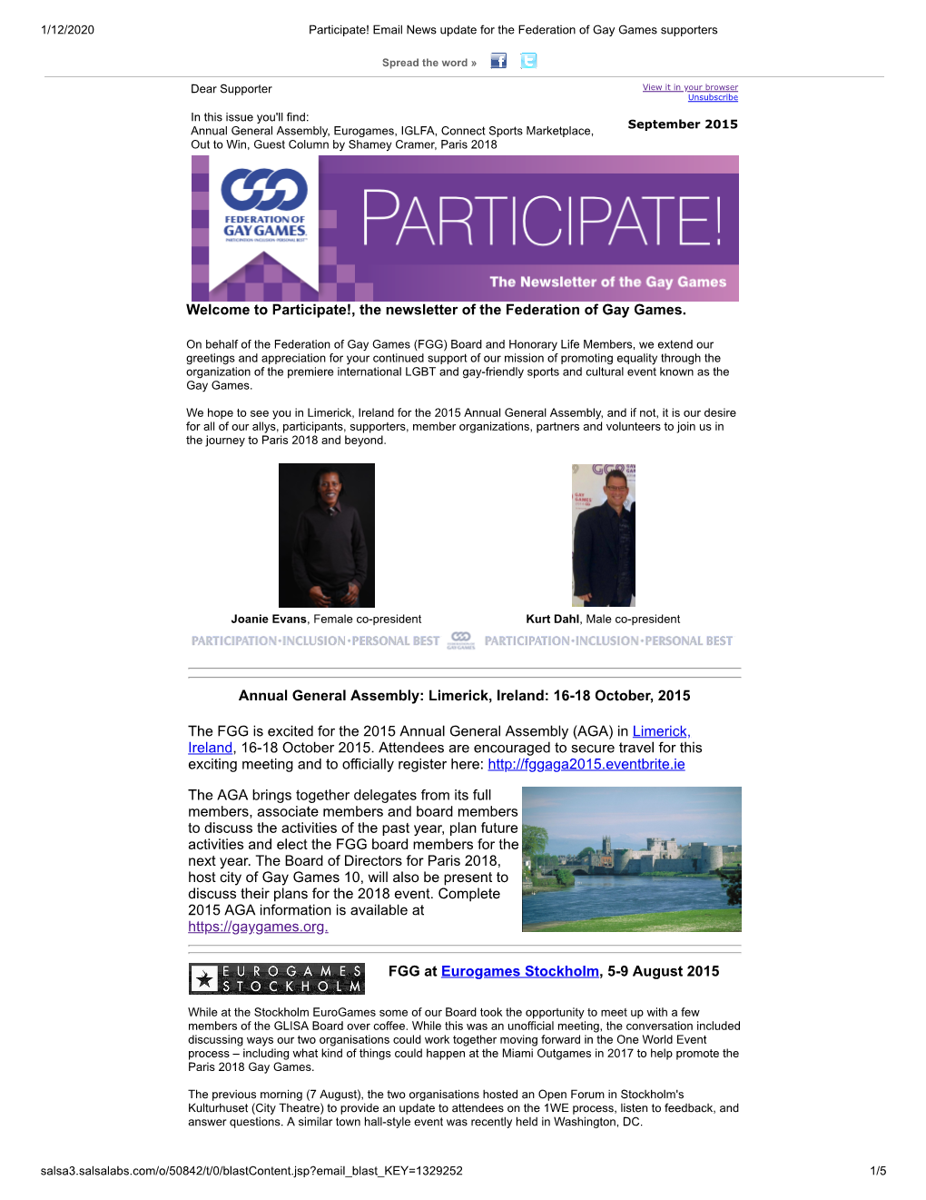 Participate!, the Newsletter of the Federation of Gay Games. Annual