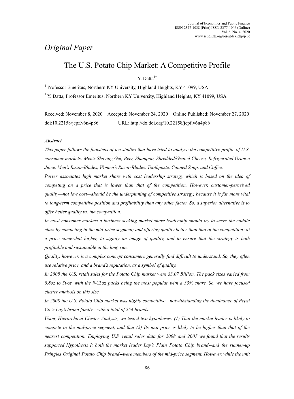 Original Paper the US Potato Chip Market: a Competitive Profile