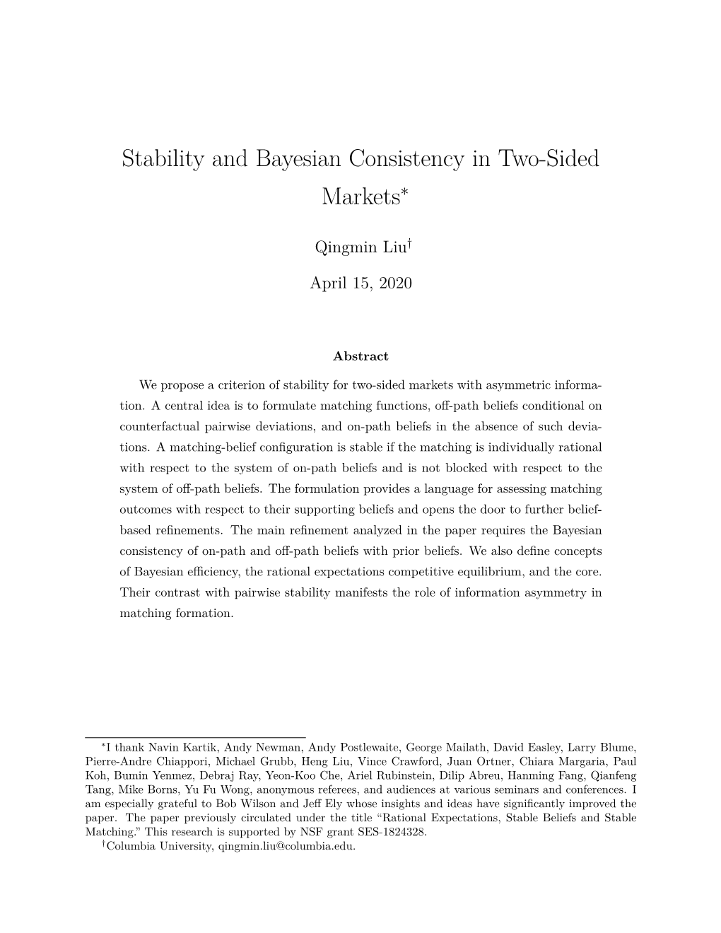 Stability and Bayesian Consistency in Two-Sided Marketsi Thank Navin
