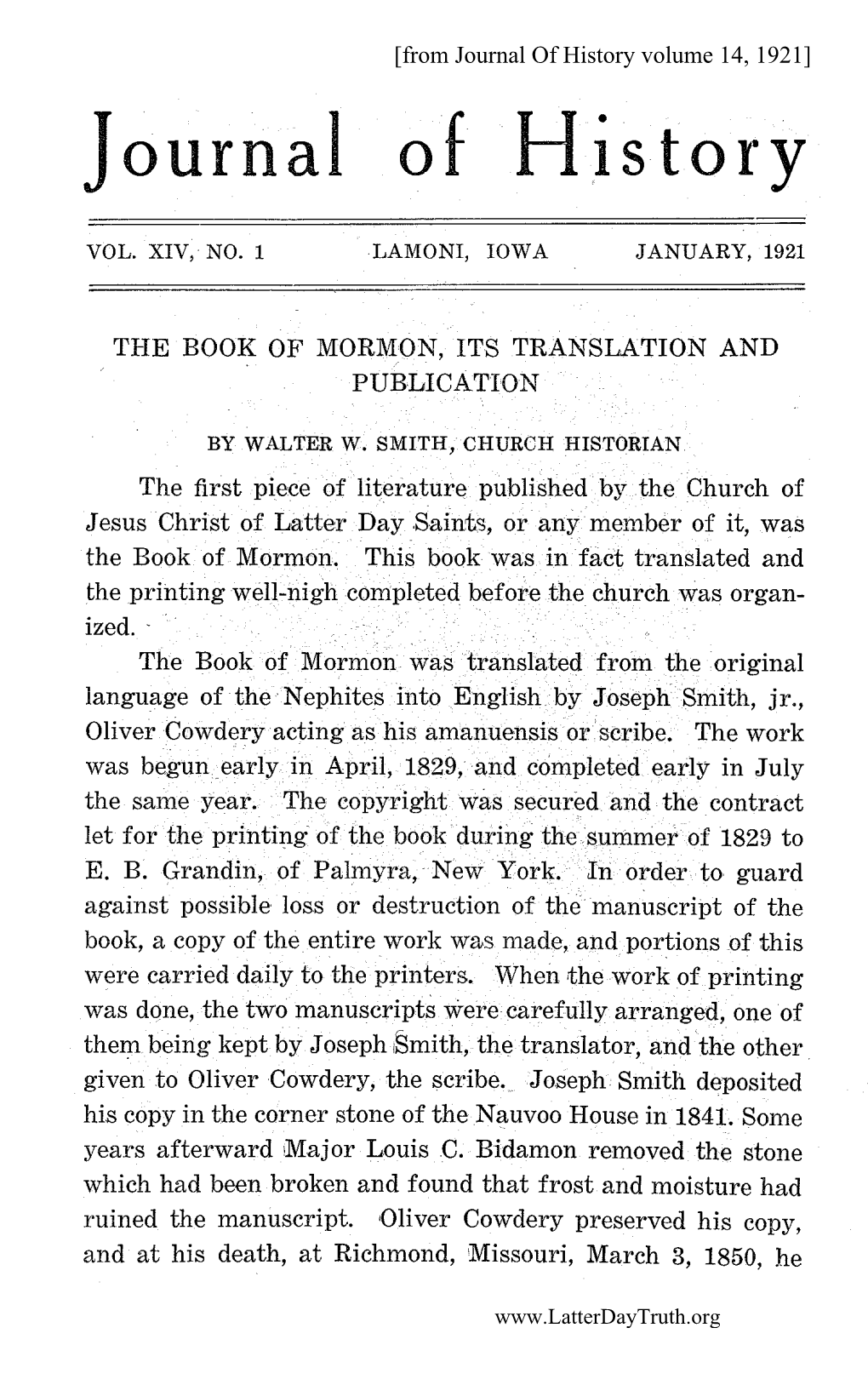 The Book of Mormon, Its Translation and Publication