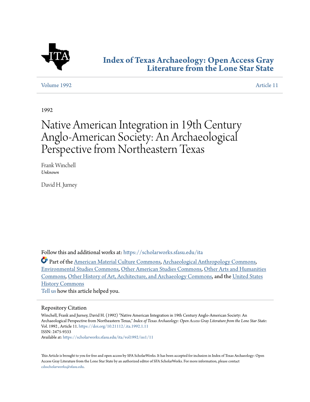 Native American Integration in 19Th Century Anglo-American Society: an Archaeological Perspective from Northeastern Texas Frank Winchell Unknown