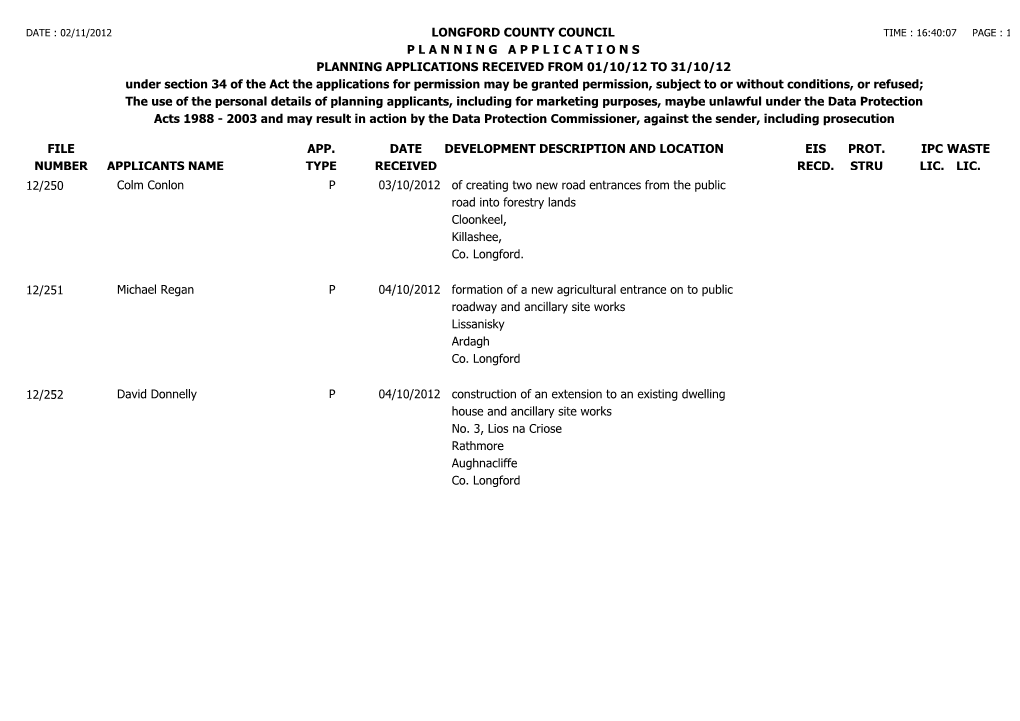 File Number Longford County Council P L a N N I N G a P P L I C a T I O N S Planning Applications Received from 01/10/12 to 31