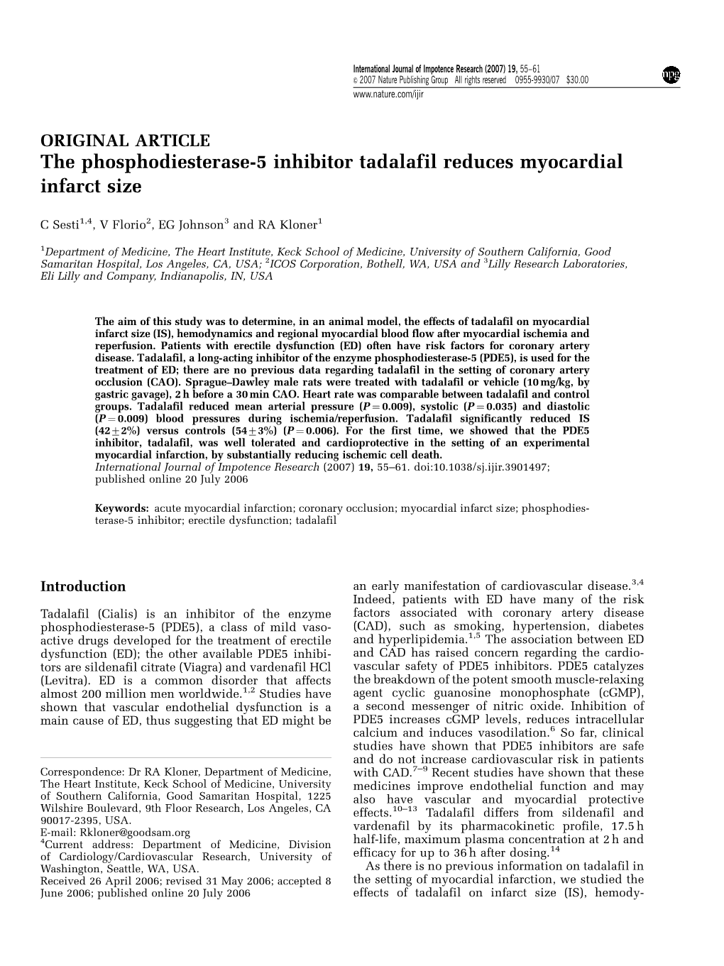The Phosphodiesterase-5 Inhibitor Tadalafil Reduces Myocardial Infarct Size