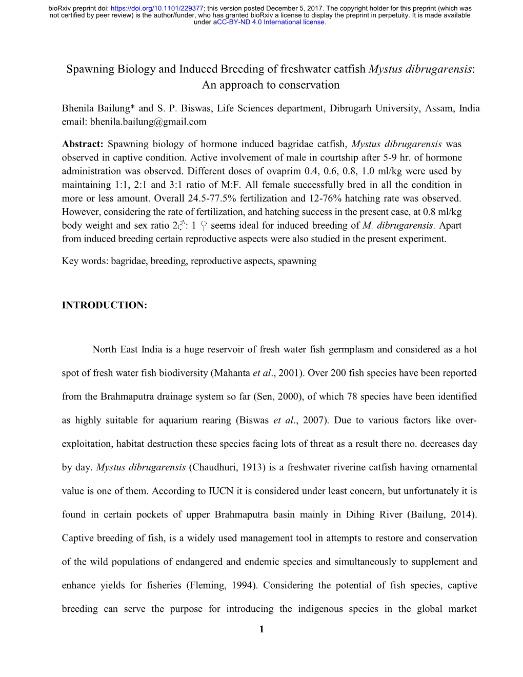 Spawning Biology and Induced Breeding of Freshwater Catfish Mystus Dibrugarensis: an Approach to Conservation