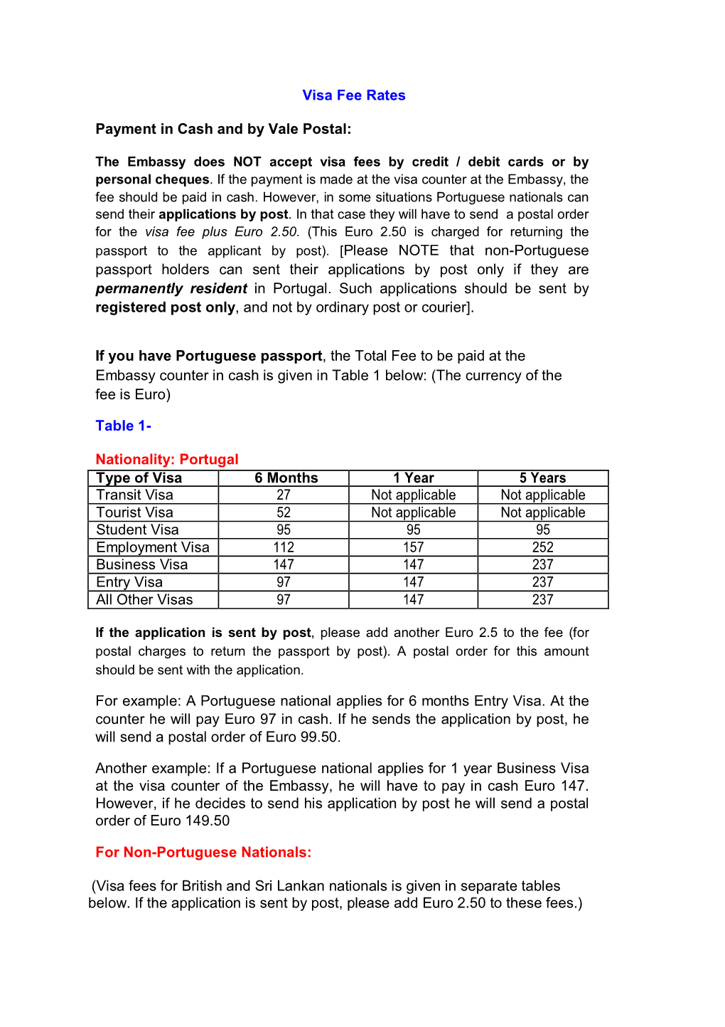 Visa Fee Rates Payment in Cash and by Vale Postal: Passport Holders