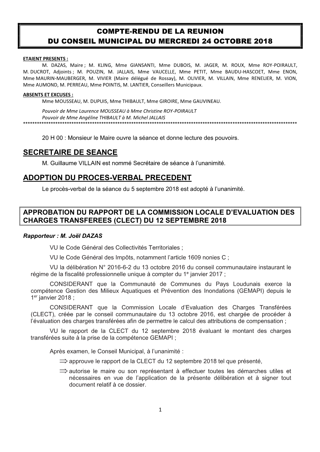 Compte-Rendu De La Reunion Du Conseil Municipal Du Mercredi 24 Octobre 2018