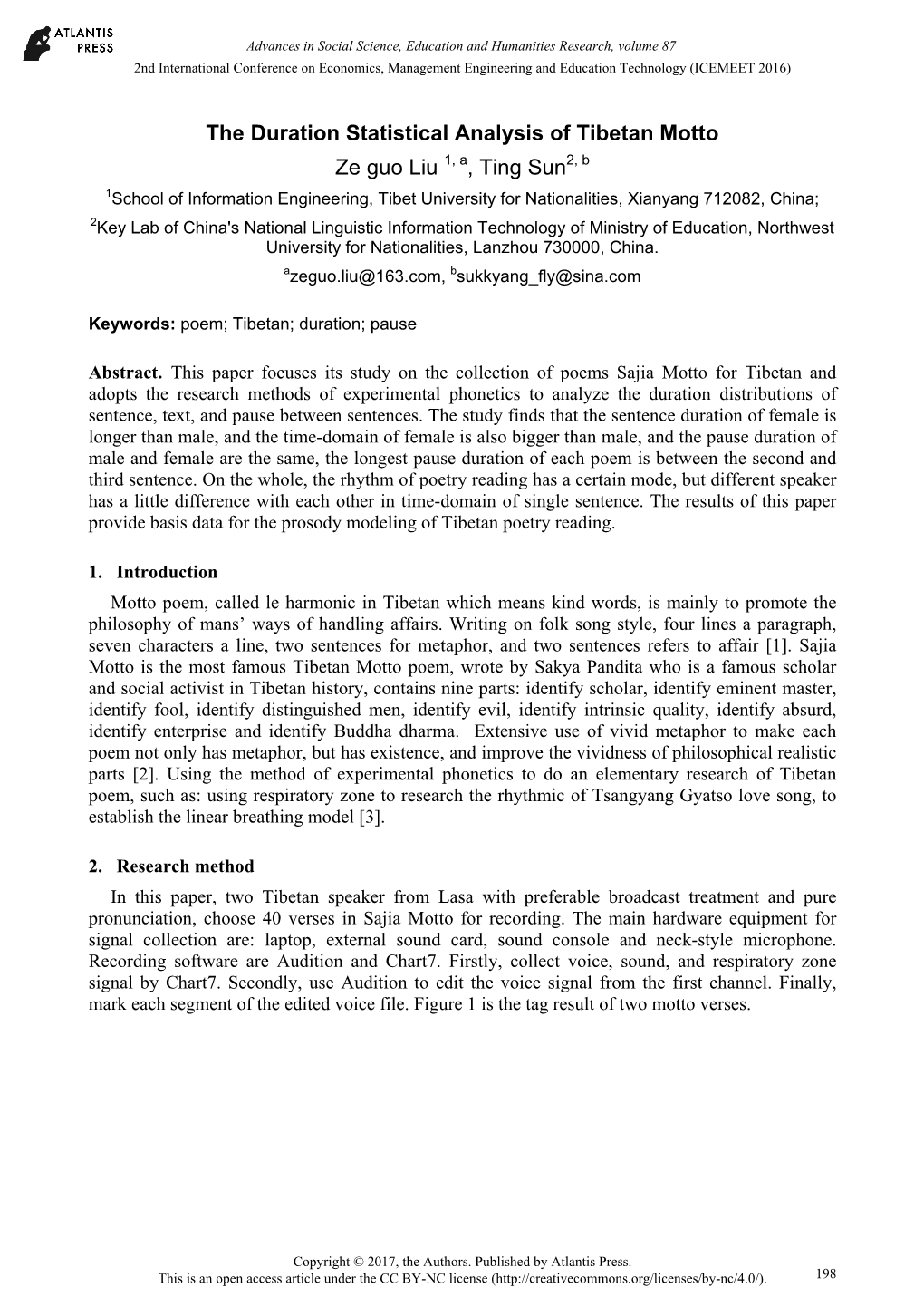 The Duration Statistical Analysis of Tibetan Motto Ze Guo Liu , Ting