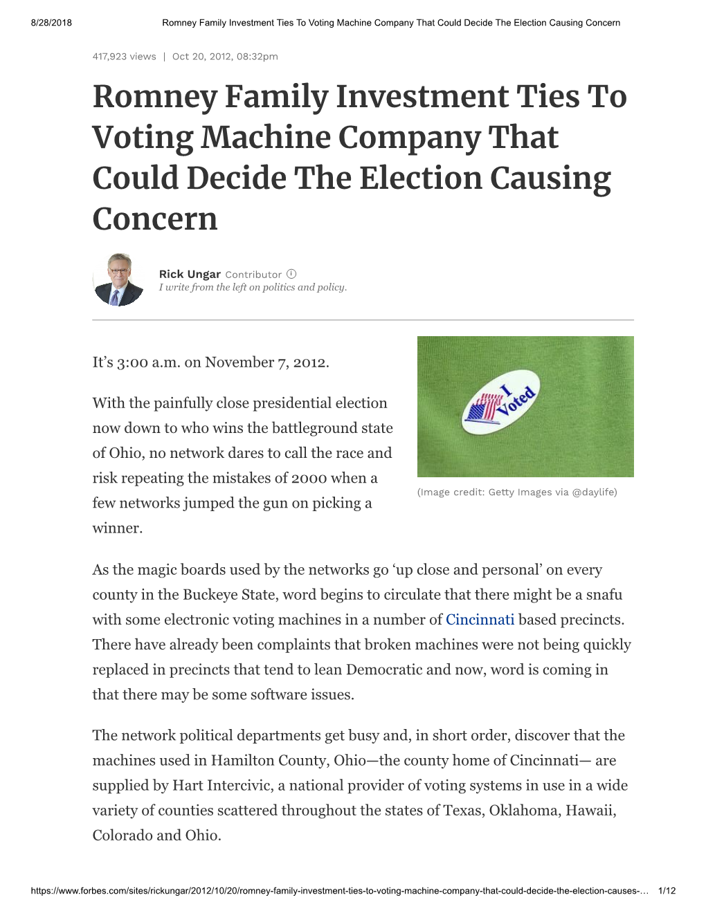 Romney Family Investment Ties to Voting Machine Company That Could Decide the Election Causing Concern